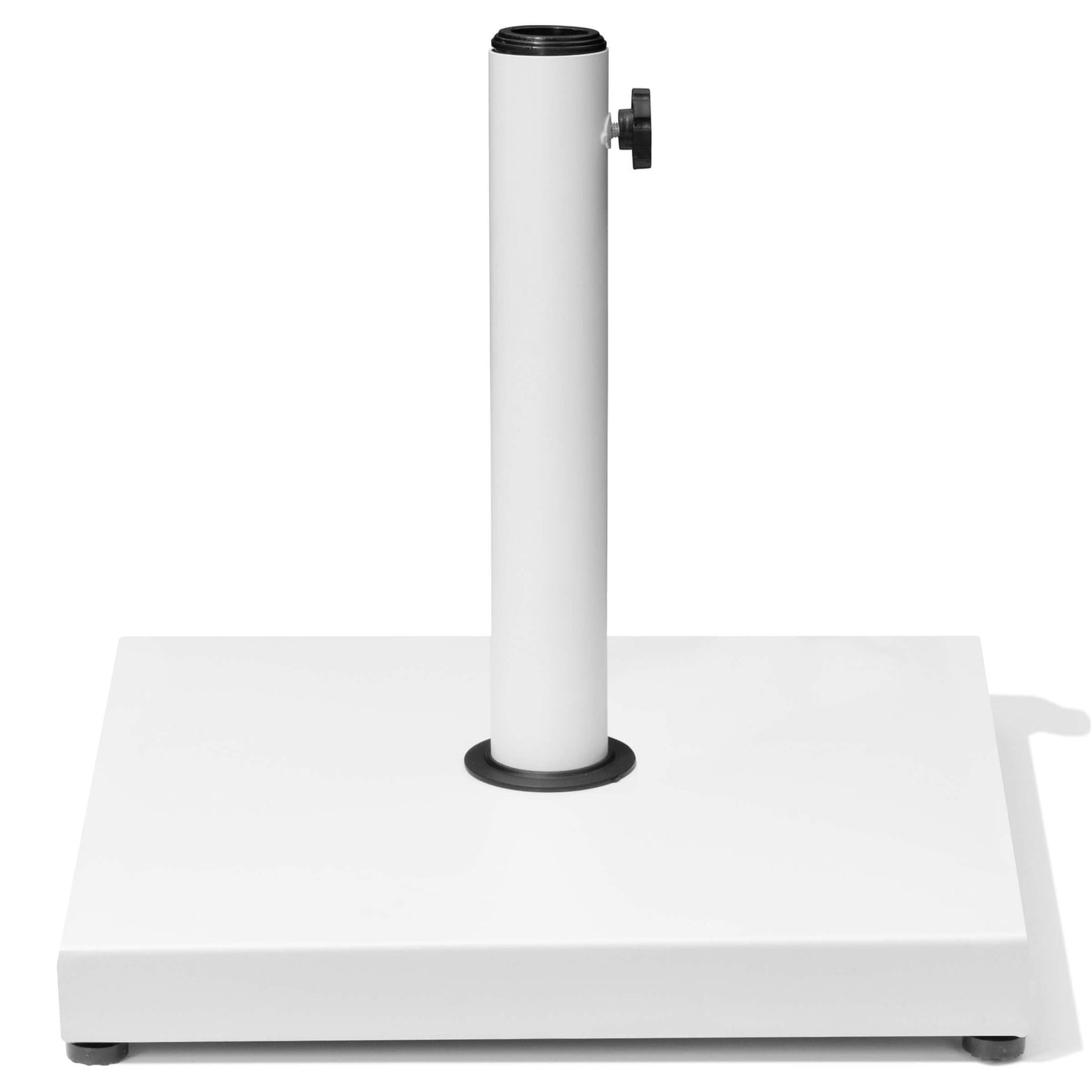 White square weighted patio umbrella base with locking knob.