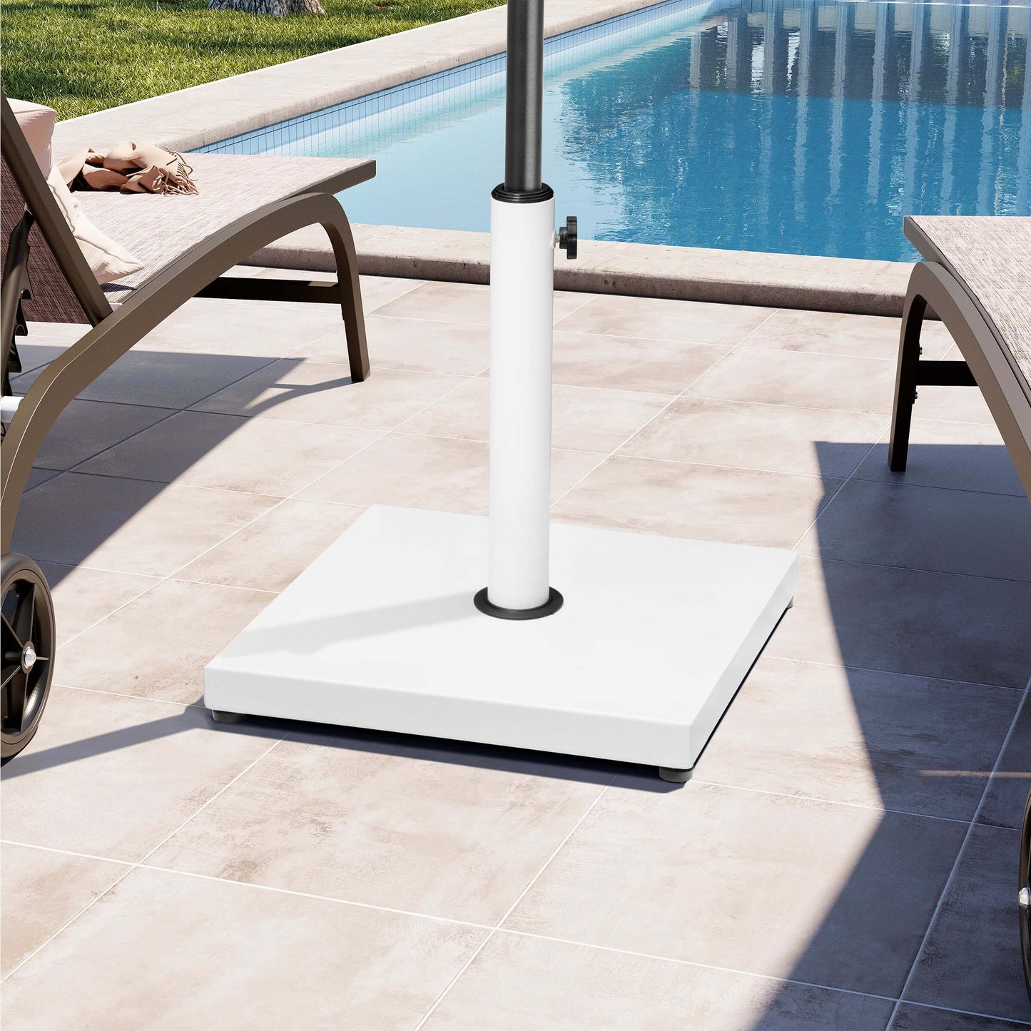 White square weighted umbrella base on sunny poolside patio.