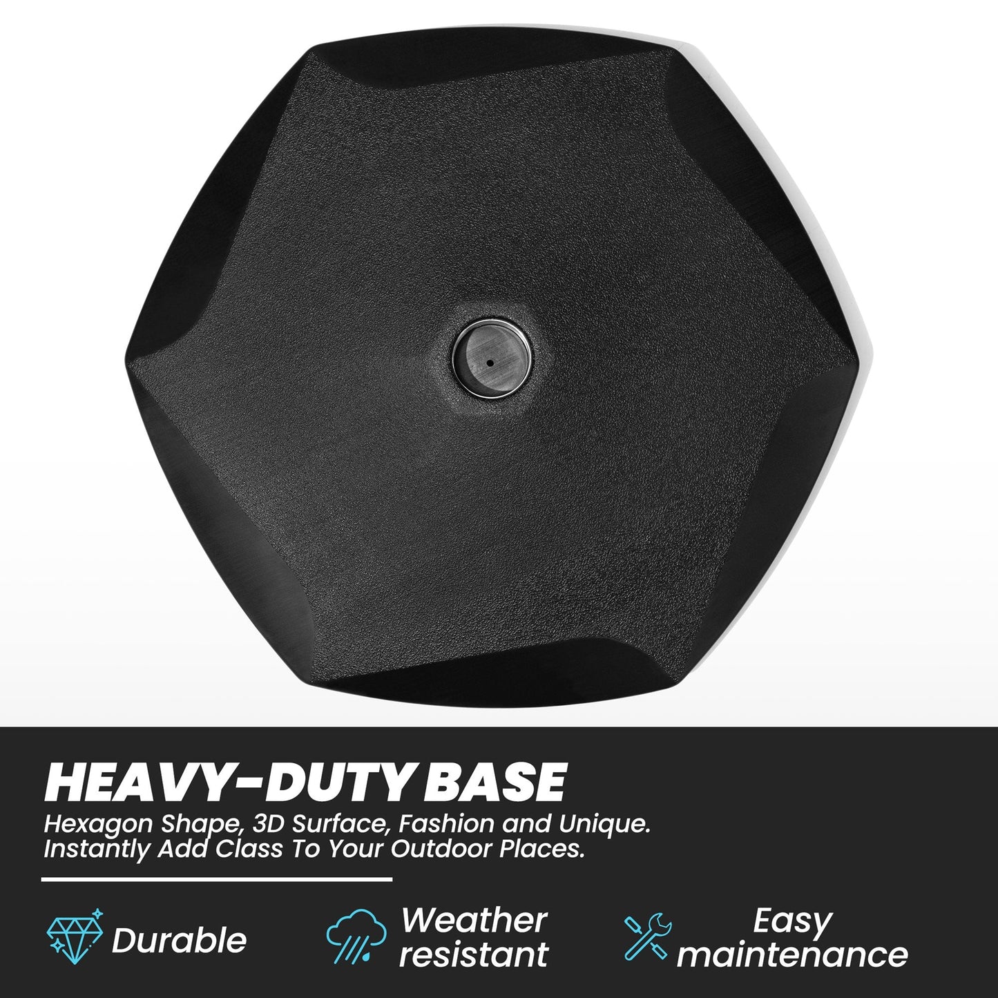 Heavy-duty black hexagonal outdoor umbrella base featuring a durable, weather-resistant 3D surface.