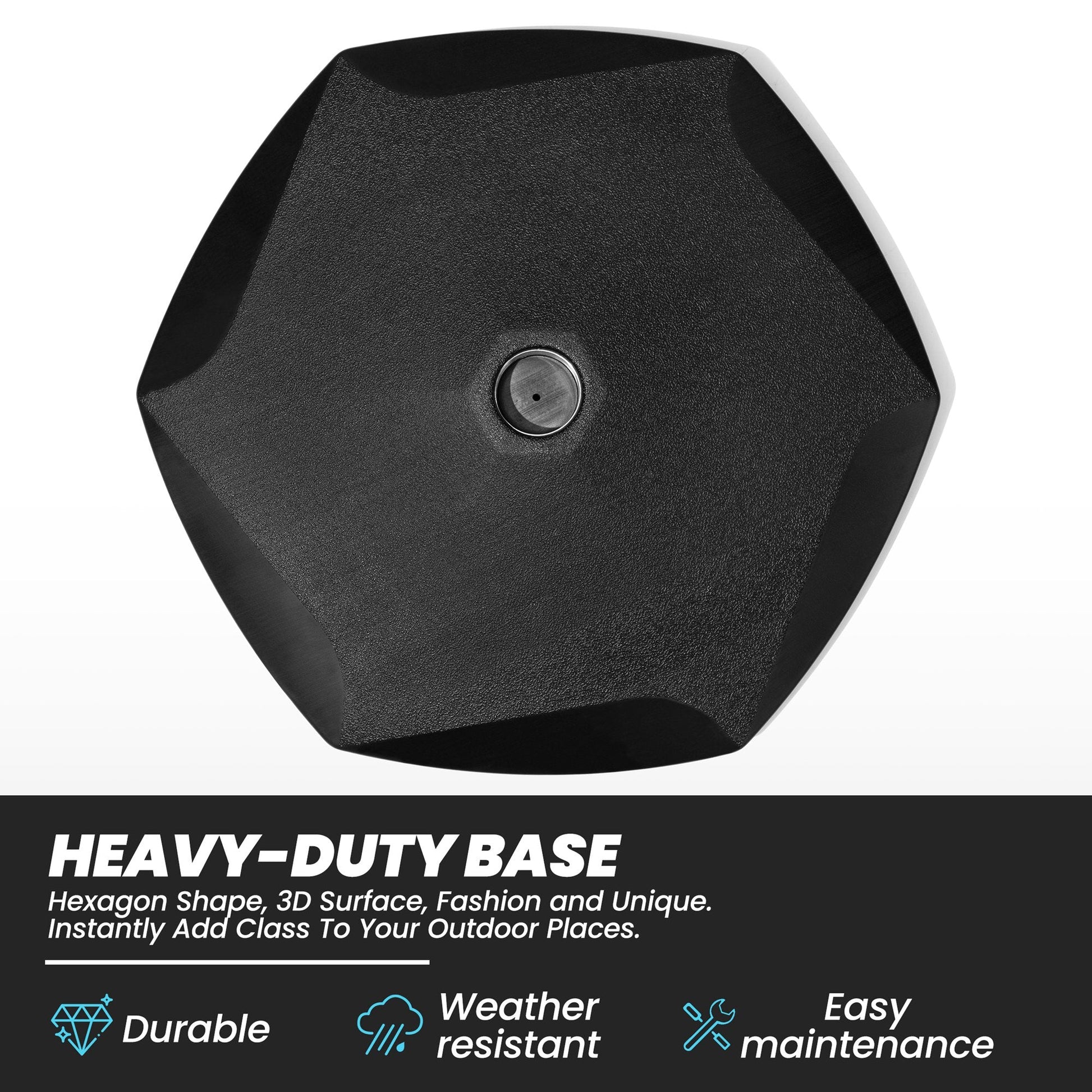 Heavy-duty black hexagonal outdoor umbrella base featuring a durable, weather-resistant 3D surface.