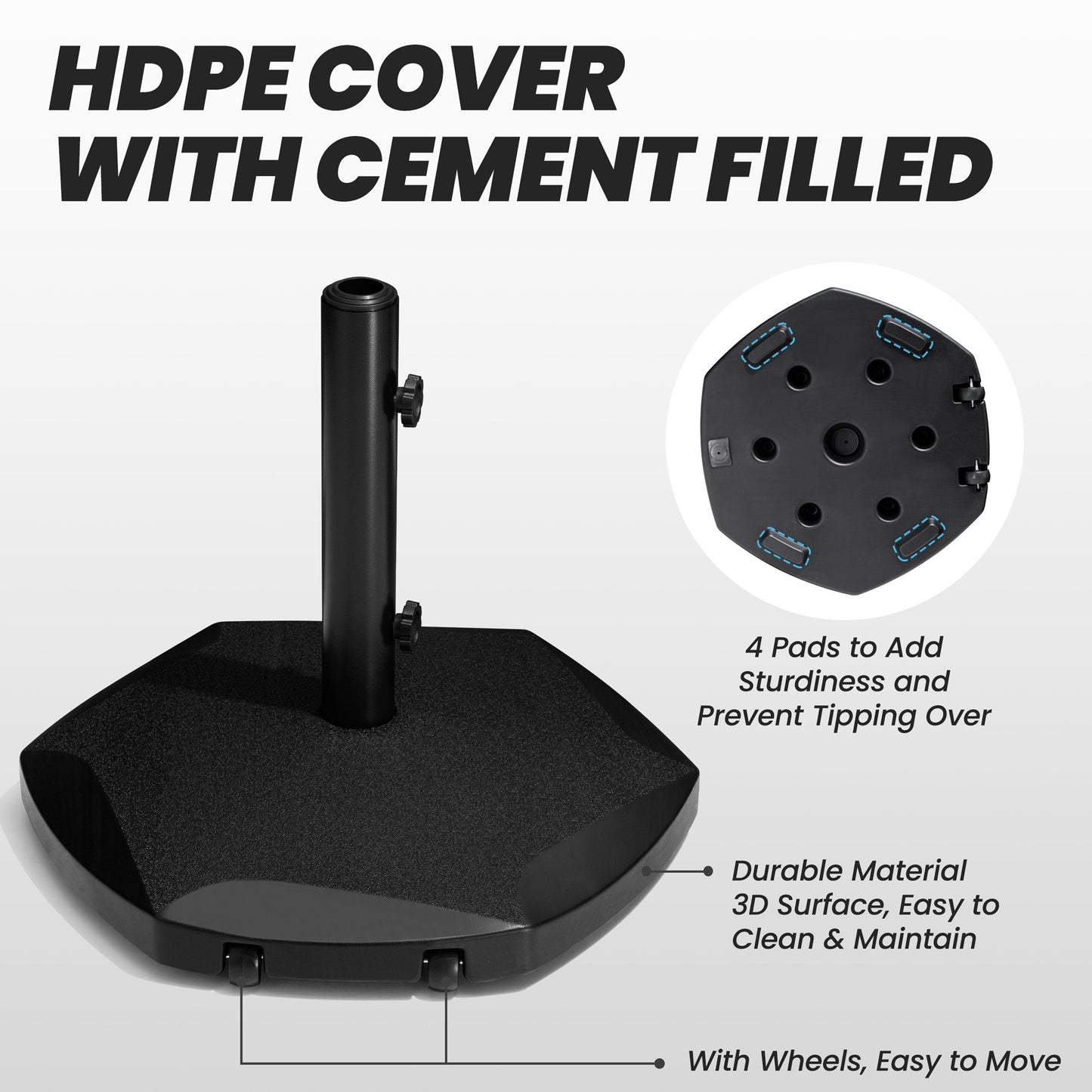 Black cement-filled HDPE outdoor umbrella base with wheels and 4 stability foot pads.