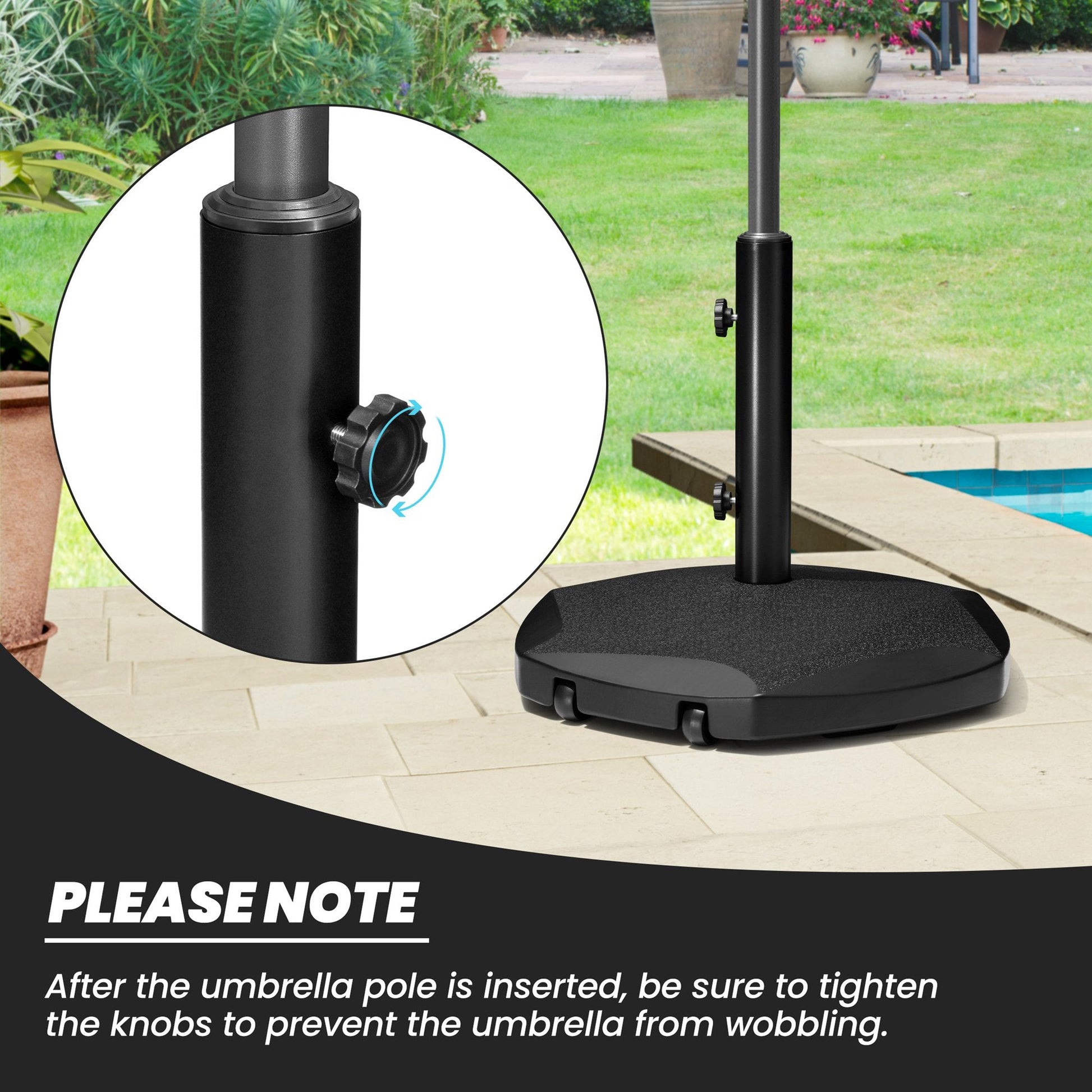 Black outdoor umbrella base with wheels showing adjustable knobs to secure the pole and prevent wobbling.