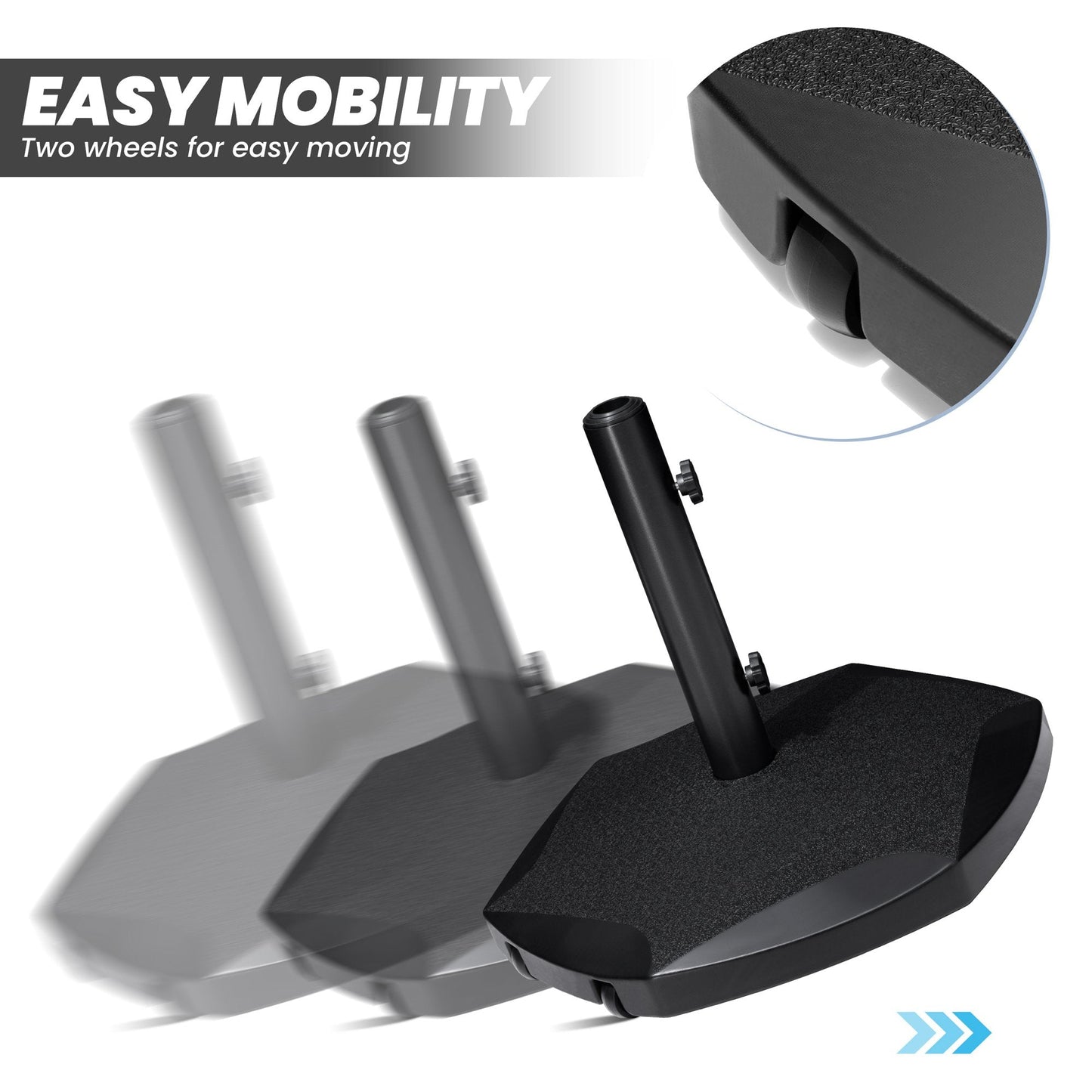 Black cement-filled outdoor umbrella base tilting on 2 wheels for easy mobility.
