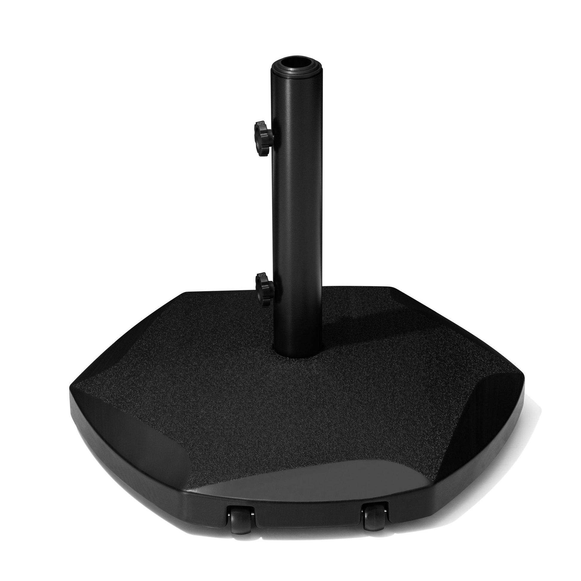 Black cement-filled outdoor umbrella base featuring 2 wheels and adjustable knobs.
