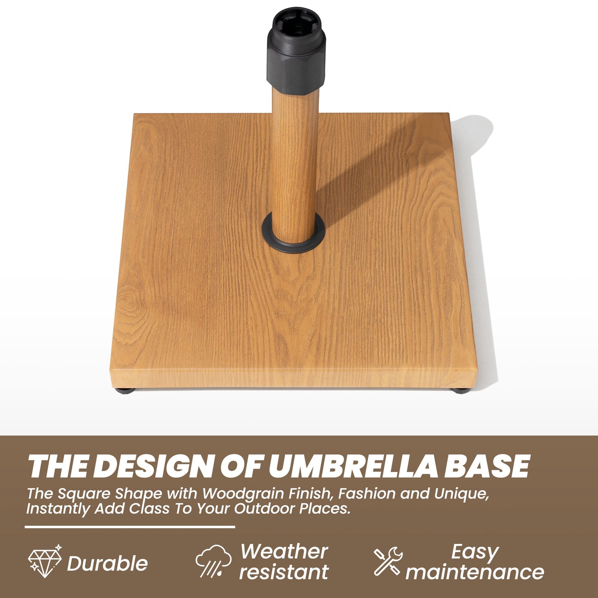 Close-up of 43 lbs square wood-grain steel patio umbrella base and pole sleeve.