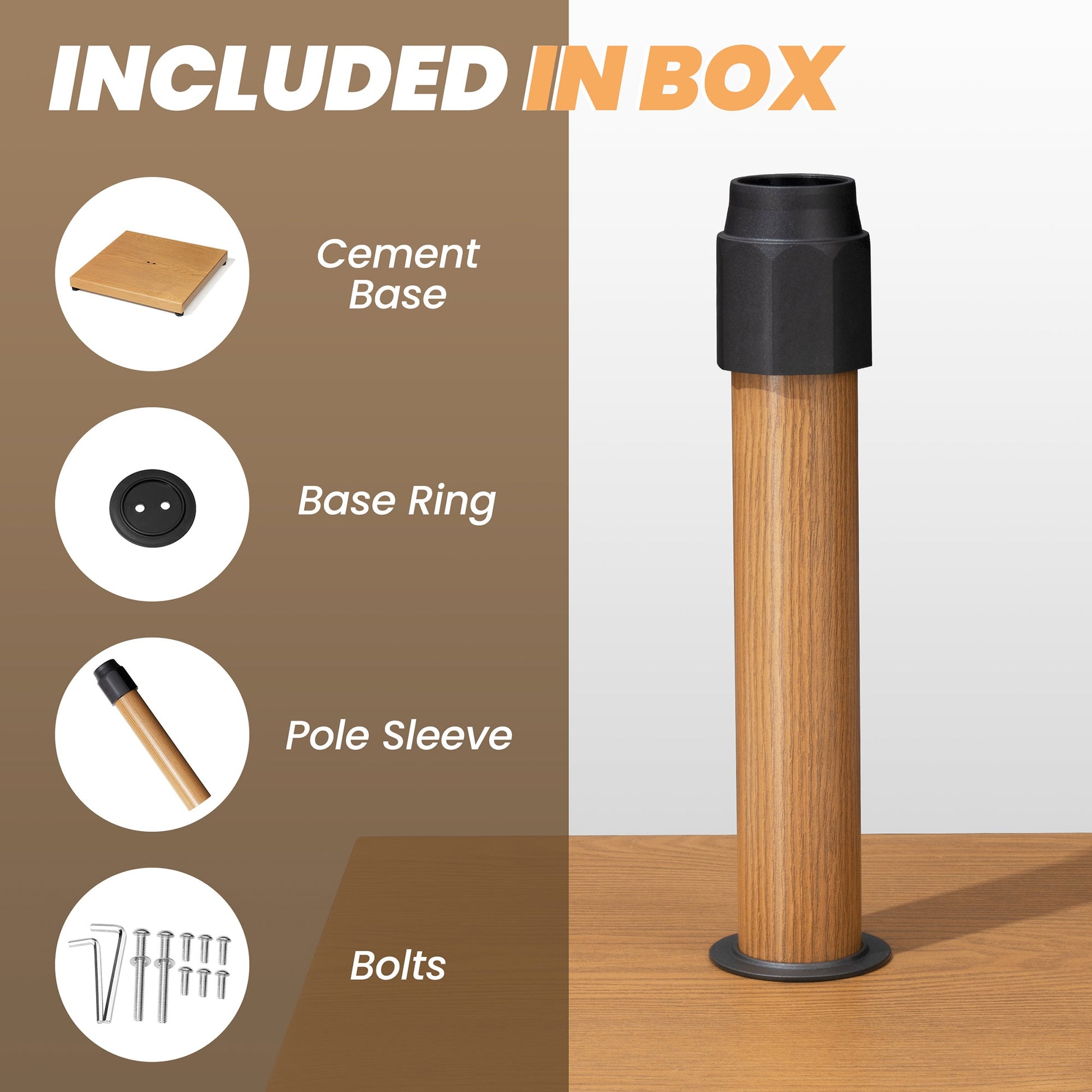 Included parts for 43 lbs wood-grain umbrella base: cement base, base ring, pole sleeve, and bolts.