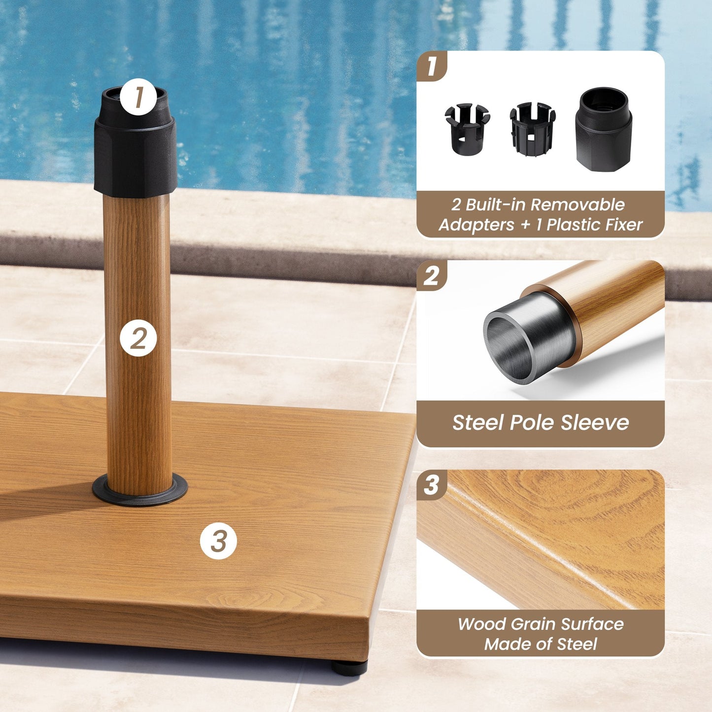 Details of 43 lbs wood-grain steel umbrella base: removable adapters, steel pole sleeve, wood-grain steel surface.