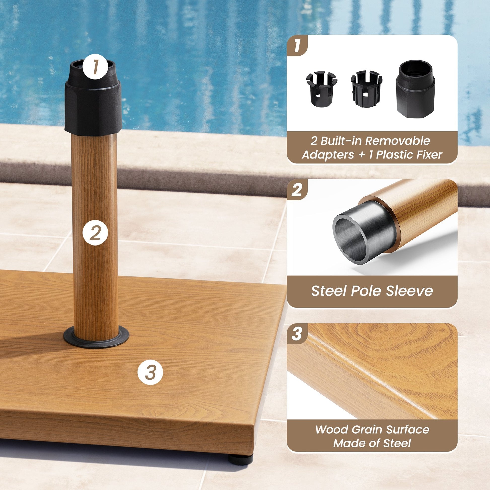 Details of 43 lbs wood-grain steel umbrella base: removable adapters, steel pole sleeve, wood-grain steel surface.