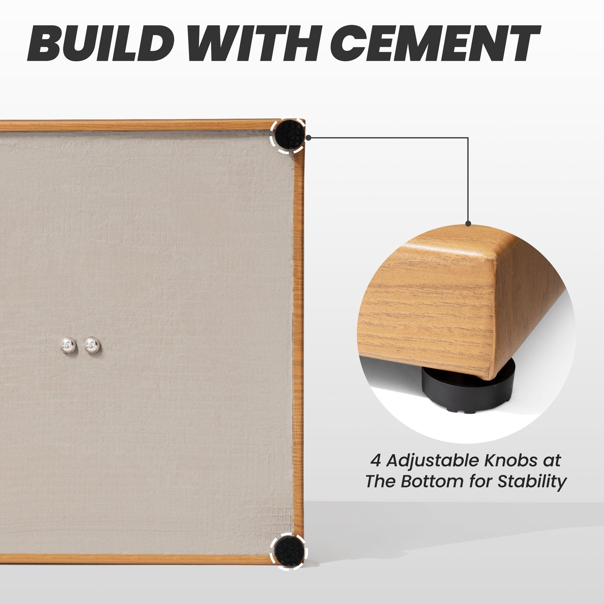 Solid cement bottom of 43 lbs wood-grain umbrella base with 4 adjustable knobs for stability.
