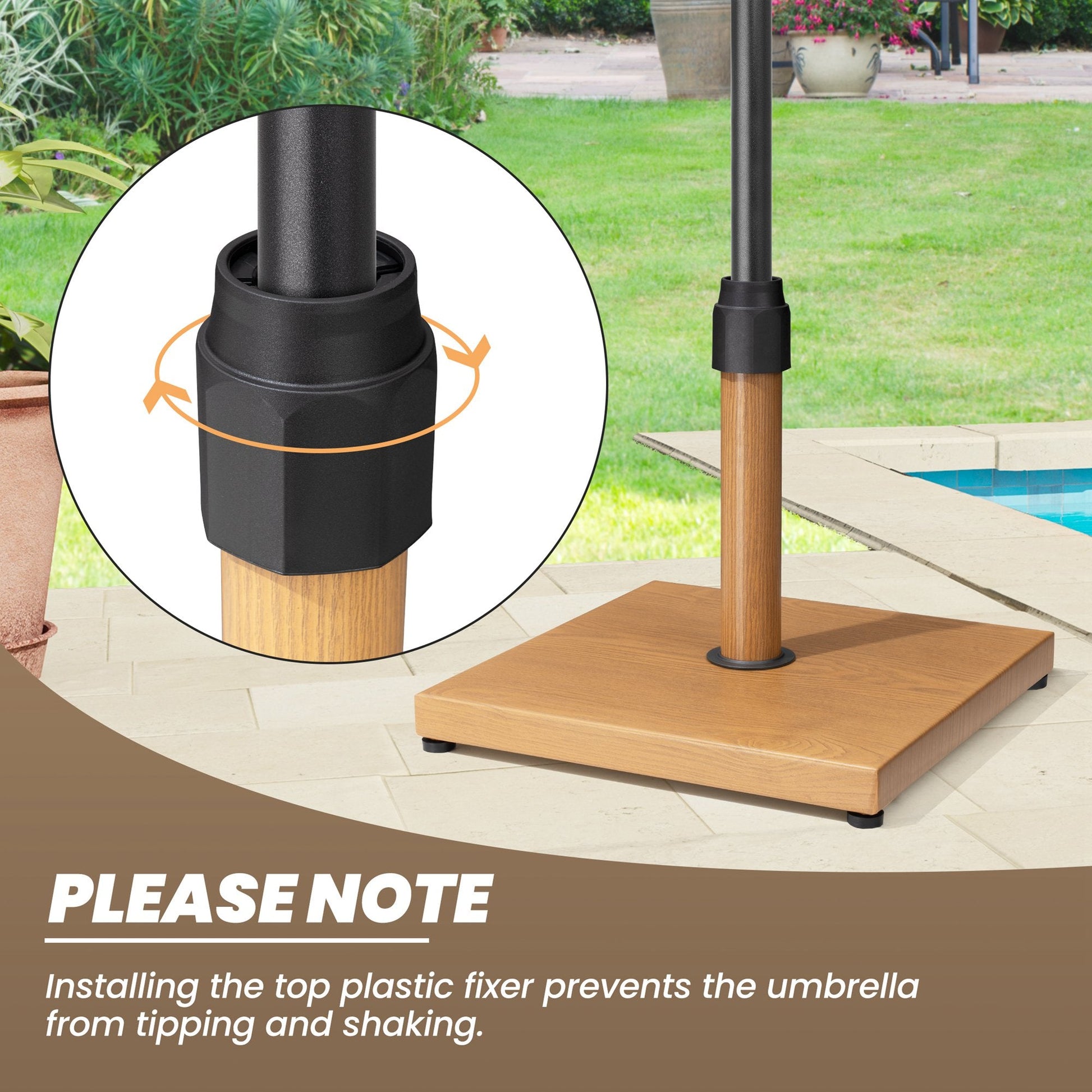 Top plastic fixer on 43 lbs wood-grain umbrella base prevents tipping and shaking.