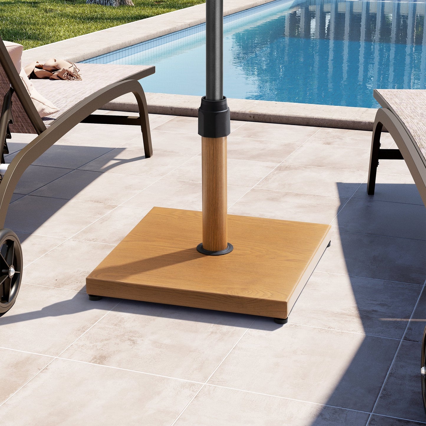 43 lbs square wood-grain patio umbrella base on a poolside patio.
