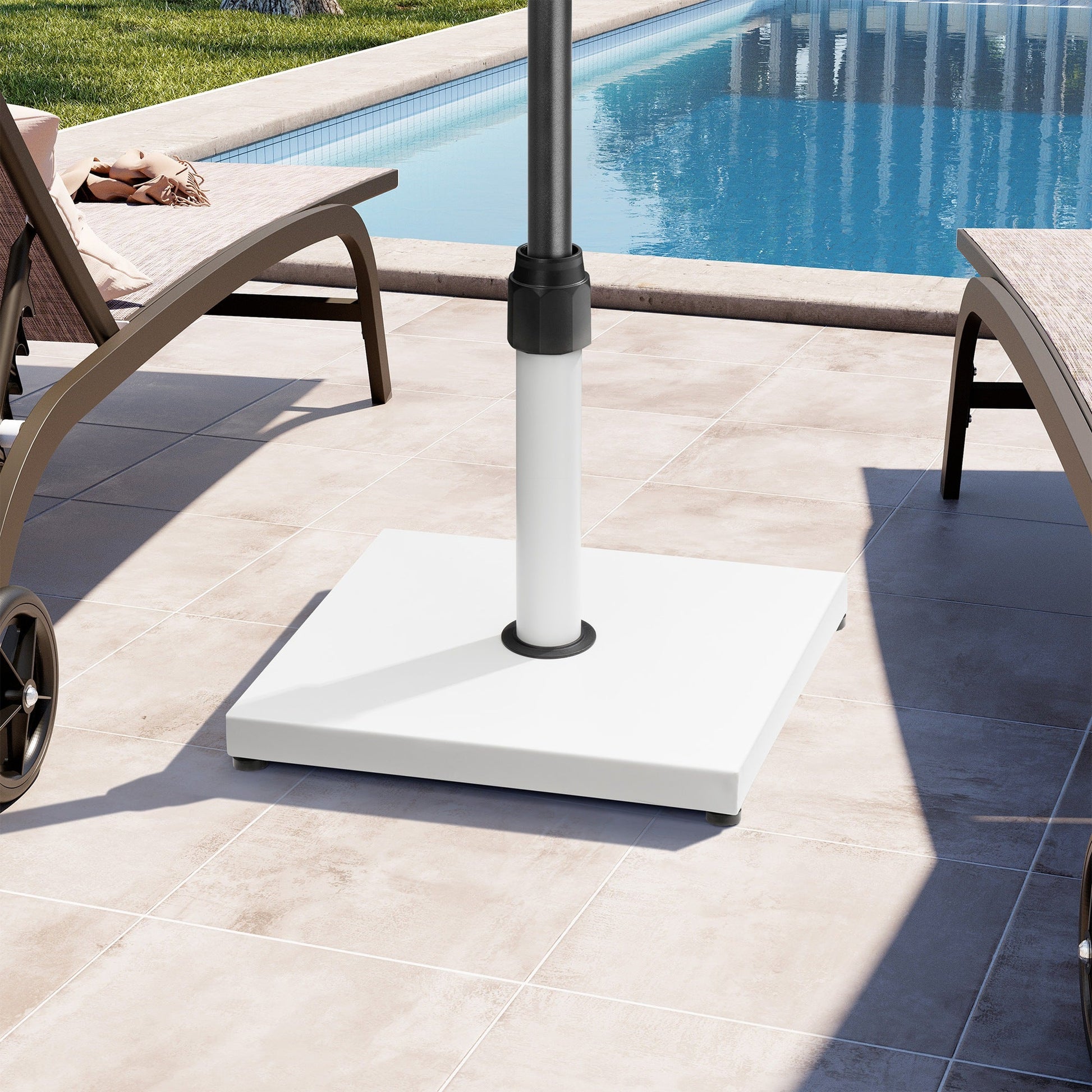 43 lbs square white steel patio umbrella base on a poolside patio.