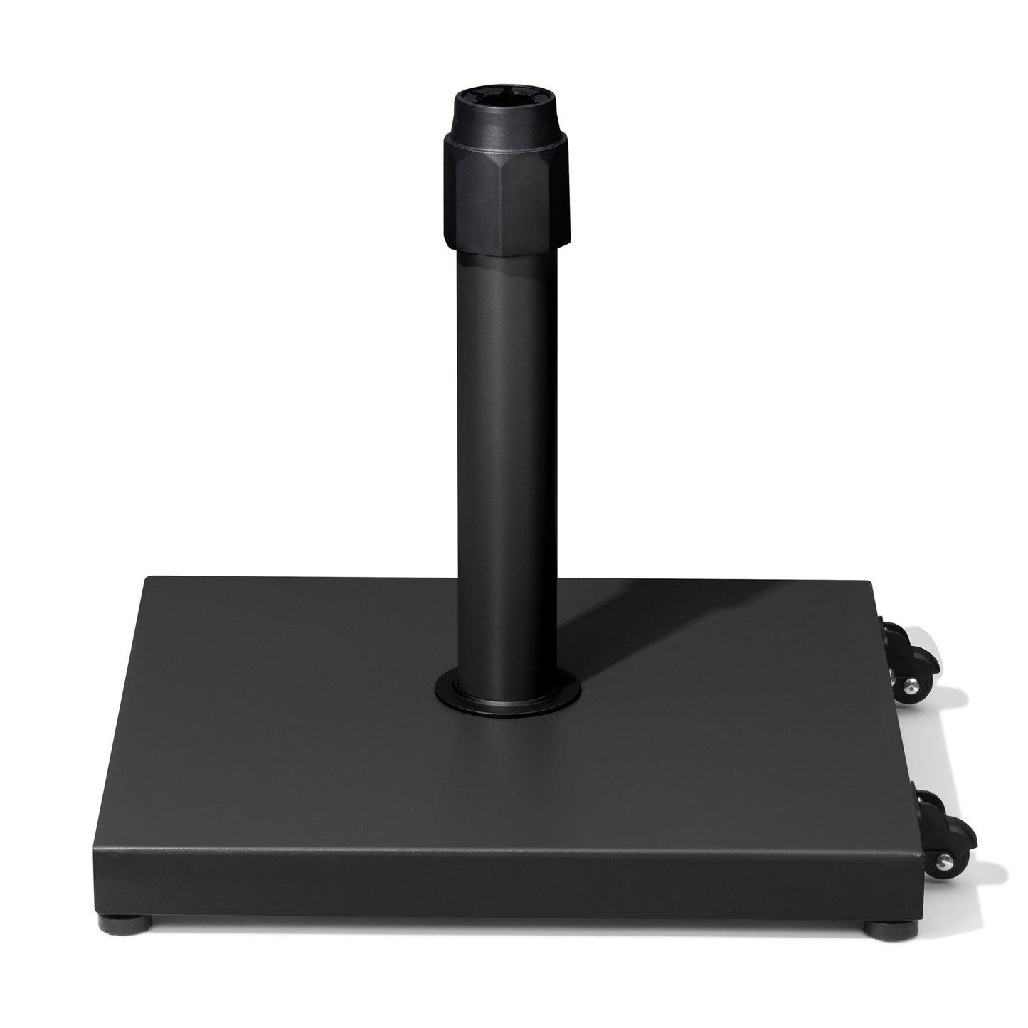 45 lbs square black steel market umbrella base with wheels.