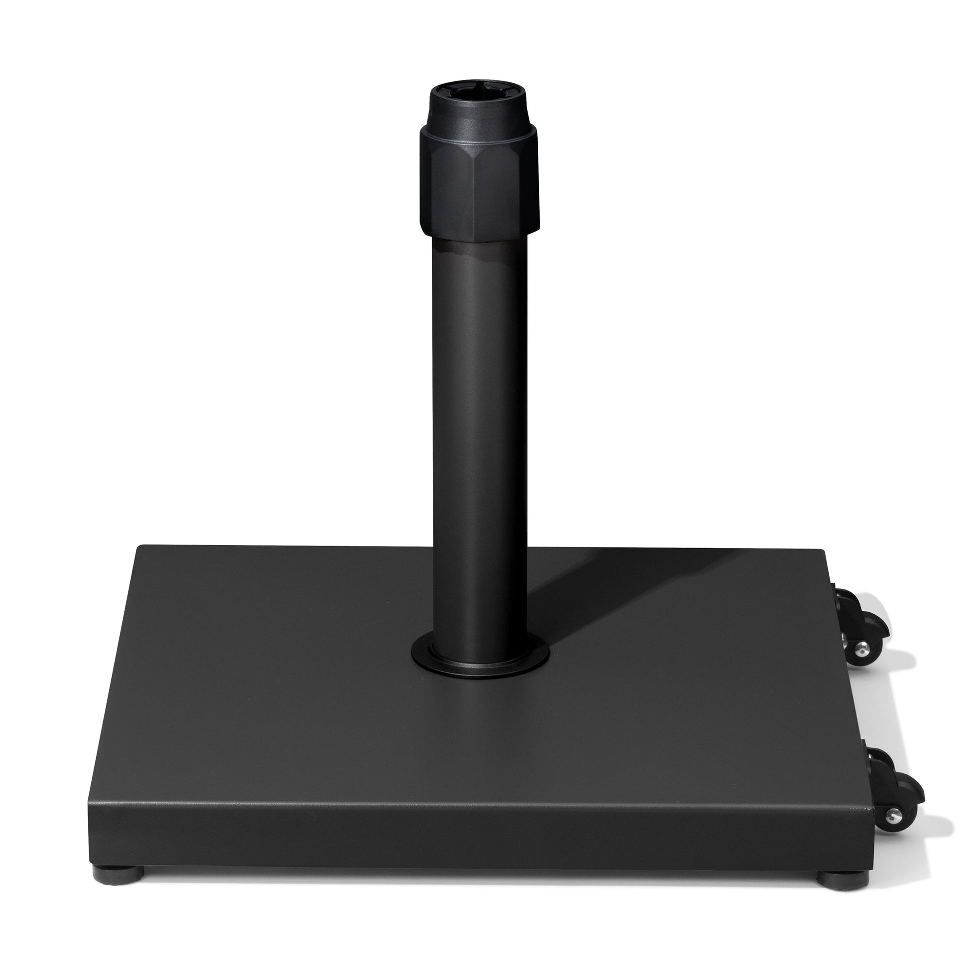 45 lbs square black steel market umbrella base with wheels.