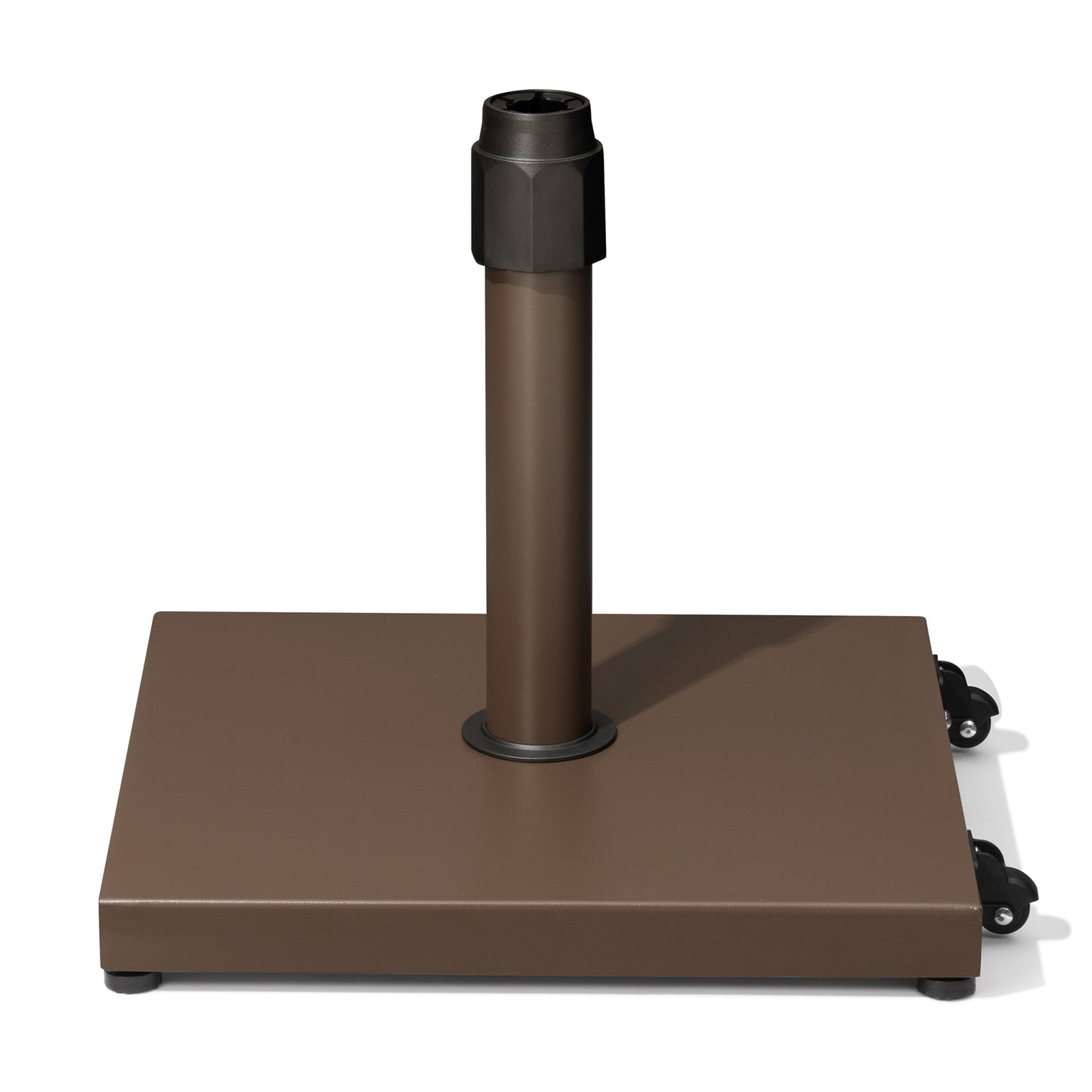 45 lbs square brown steel market umbrella base with wheels.