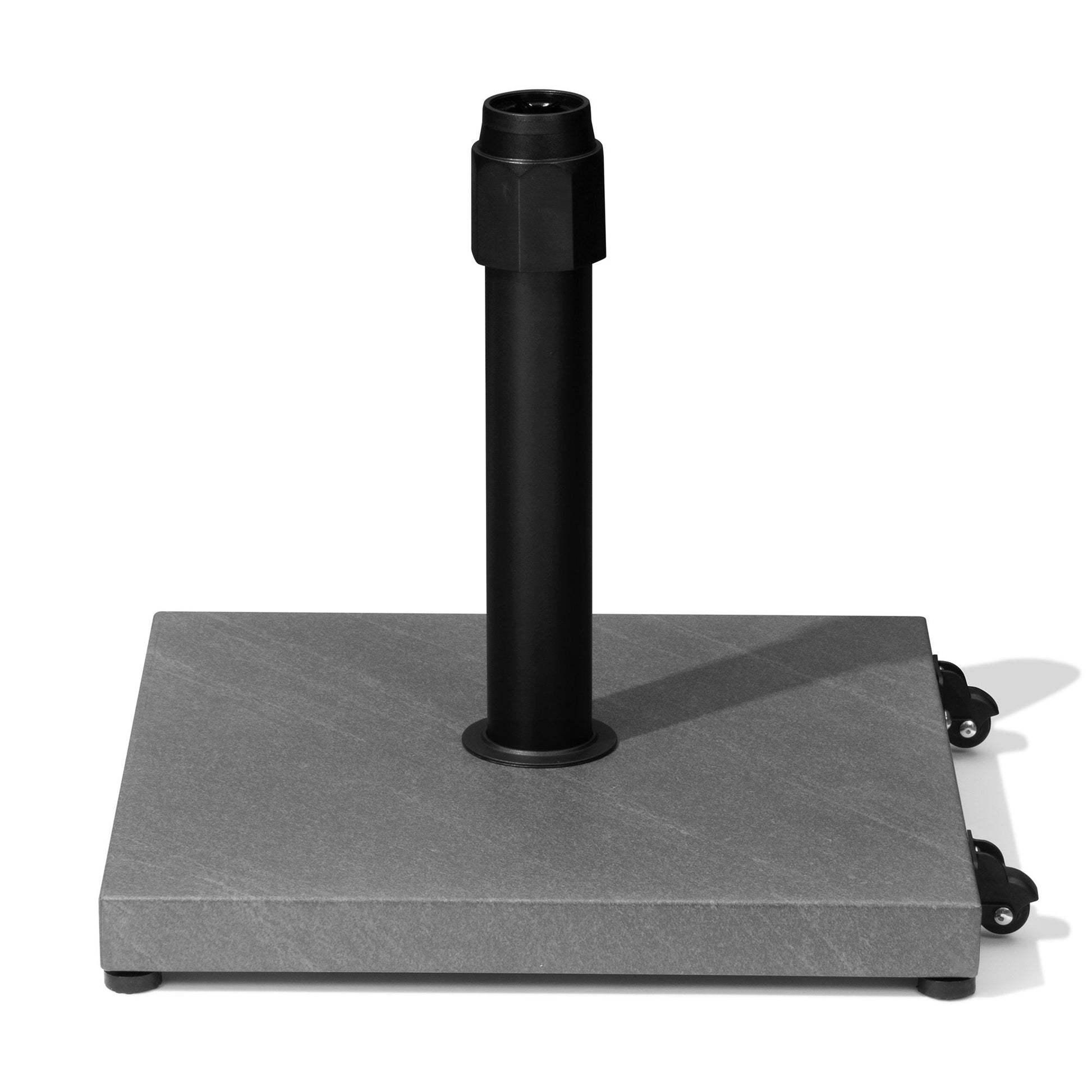 45 lbs square grey steel market umbrella base with wheels.