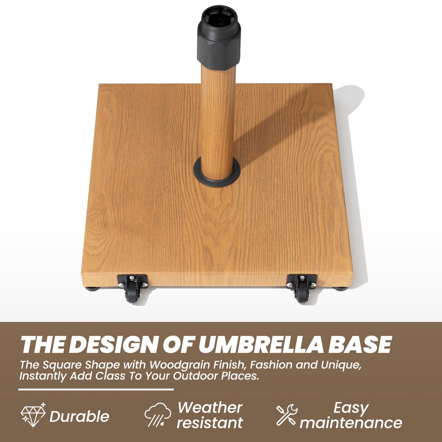 Weather-resistant 45 lbs square wood-grain steel umbrella base with wheels.