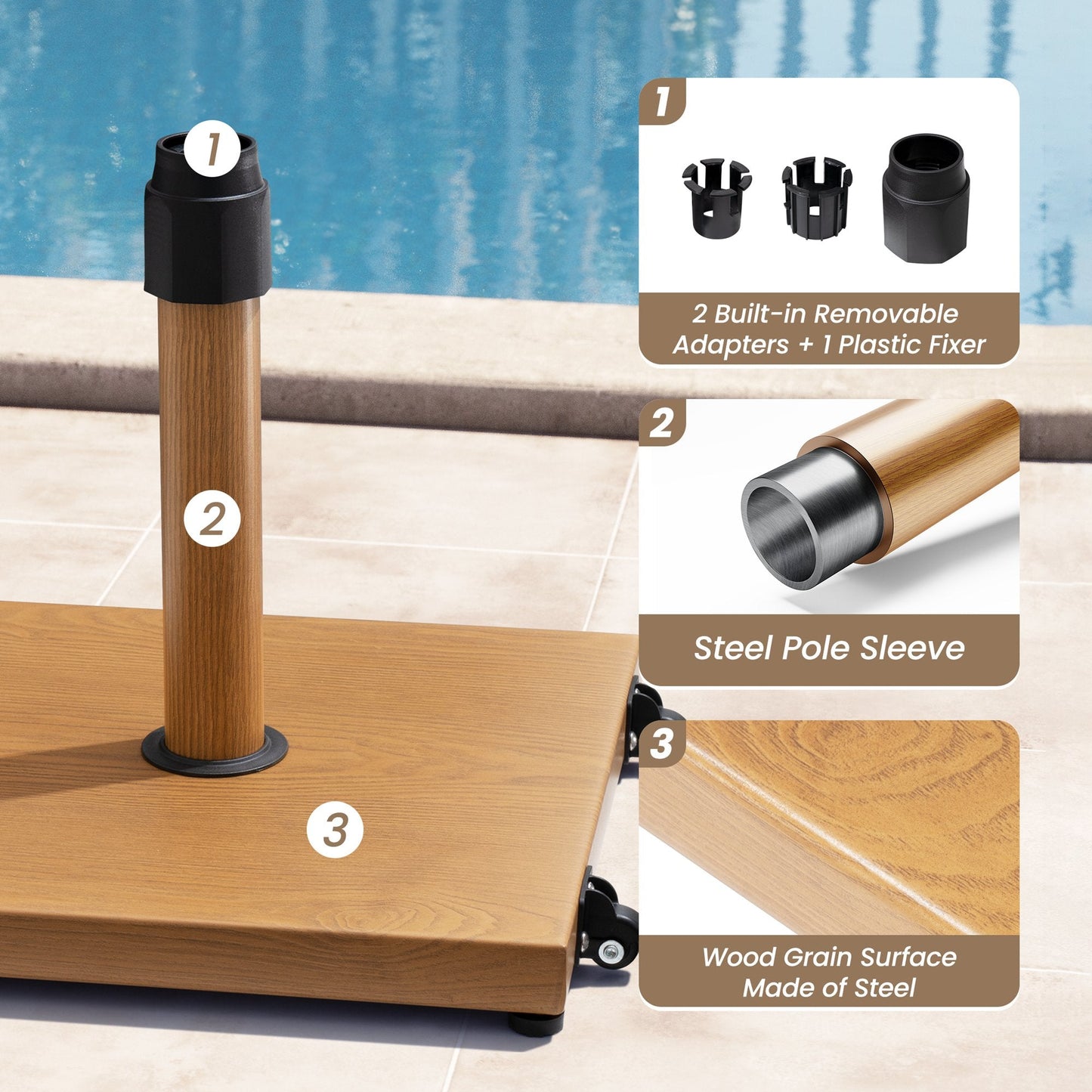 45lbs square steel umbrella base features: adapters, steel sleeve, wood-grain surface, and wheels.