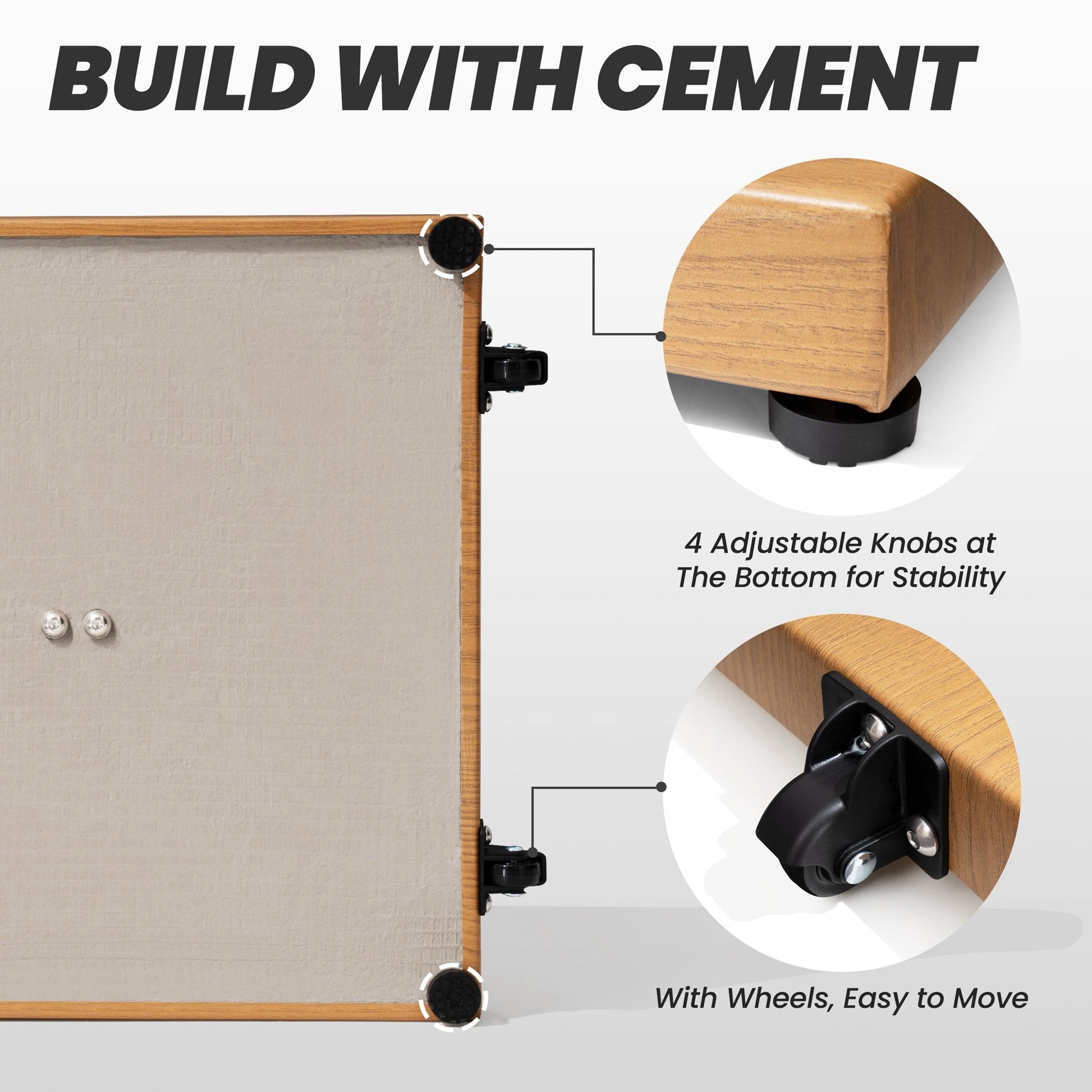 Bottom of 45 lbs square wood-grain cement filled umbrella base with wheels and adjustable feet.