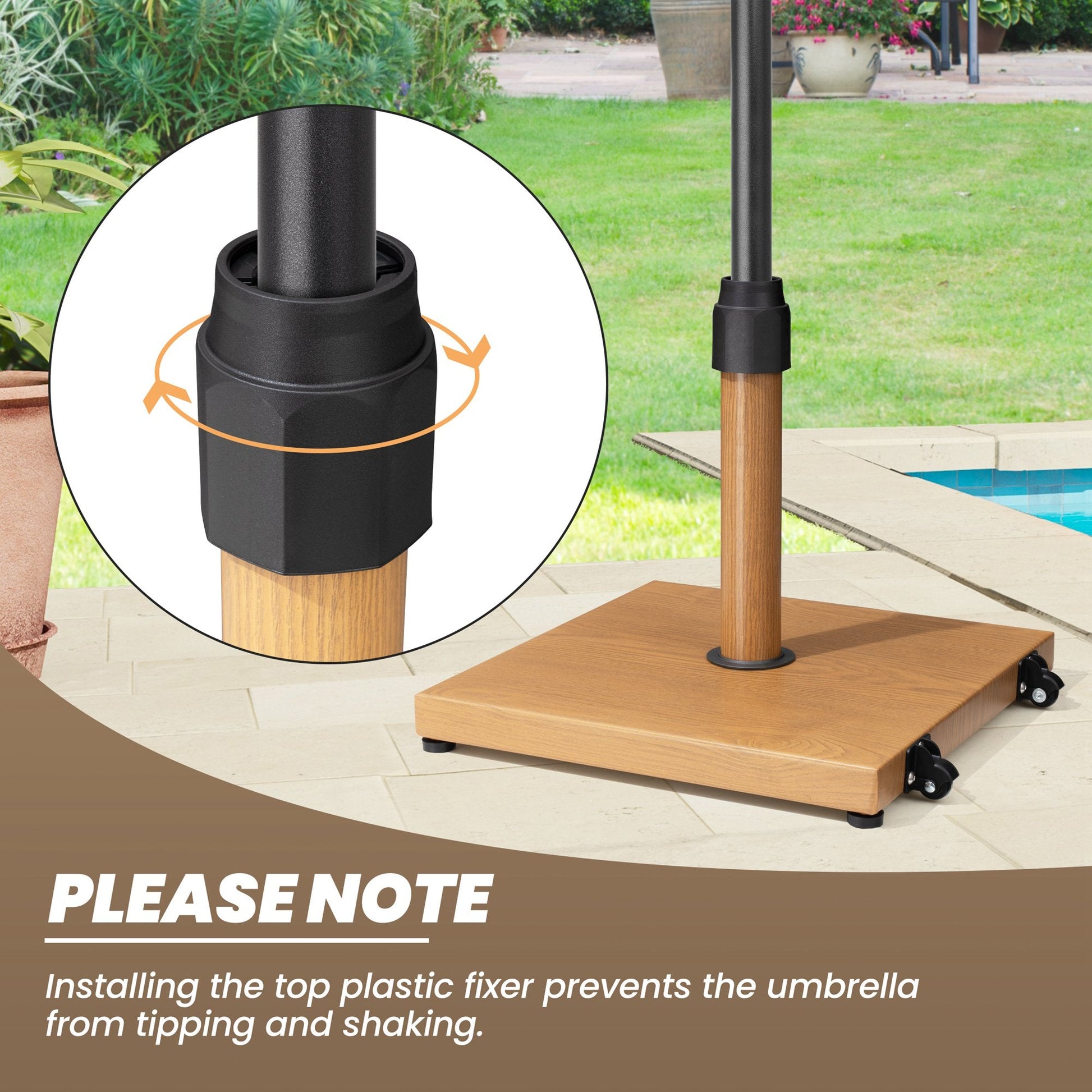 Tightening the top plastic fixer on a 45 lbs square wood-grain steel umbrella base.