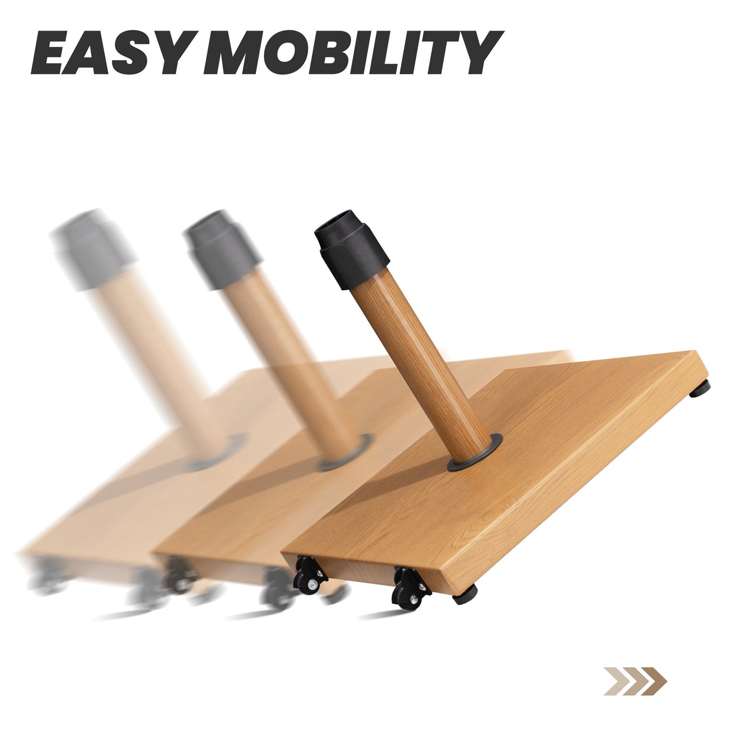 45 lbs square wood-grain steel umbrella base tilted on wheels for easy mobility.