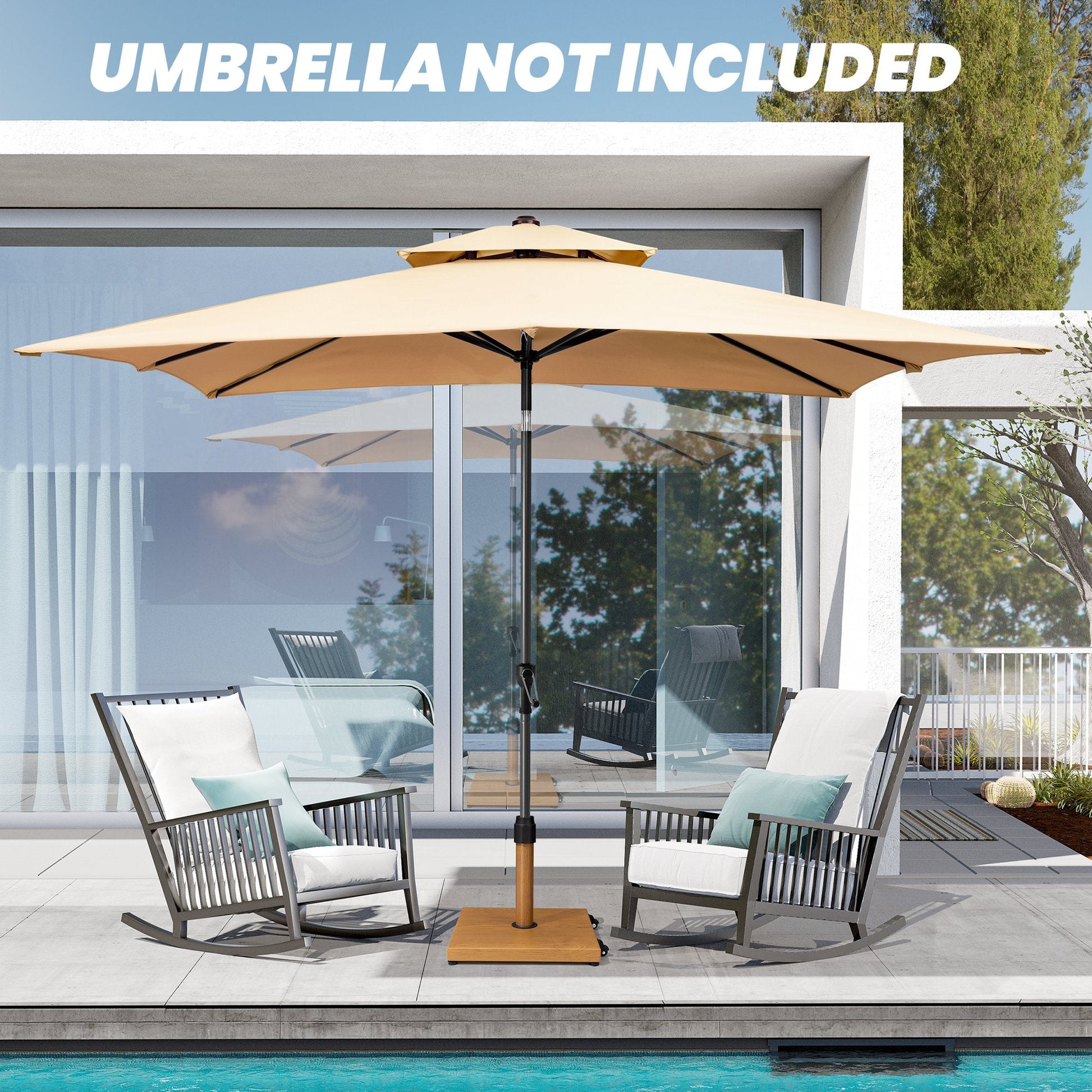 45 lbs square wood-grain steel umbrella base supporting a patio umbrella. Umbrella not included.