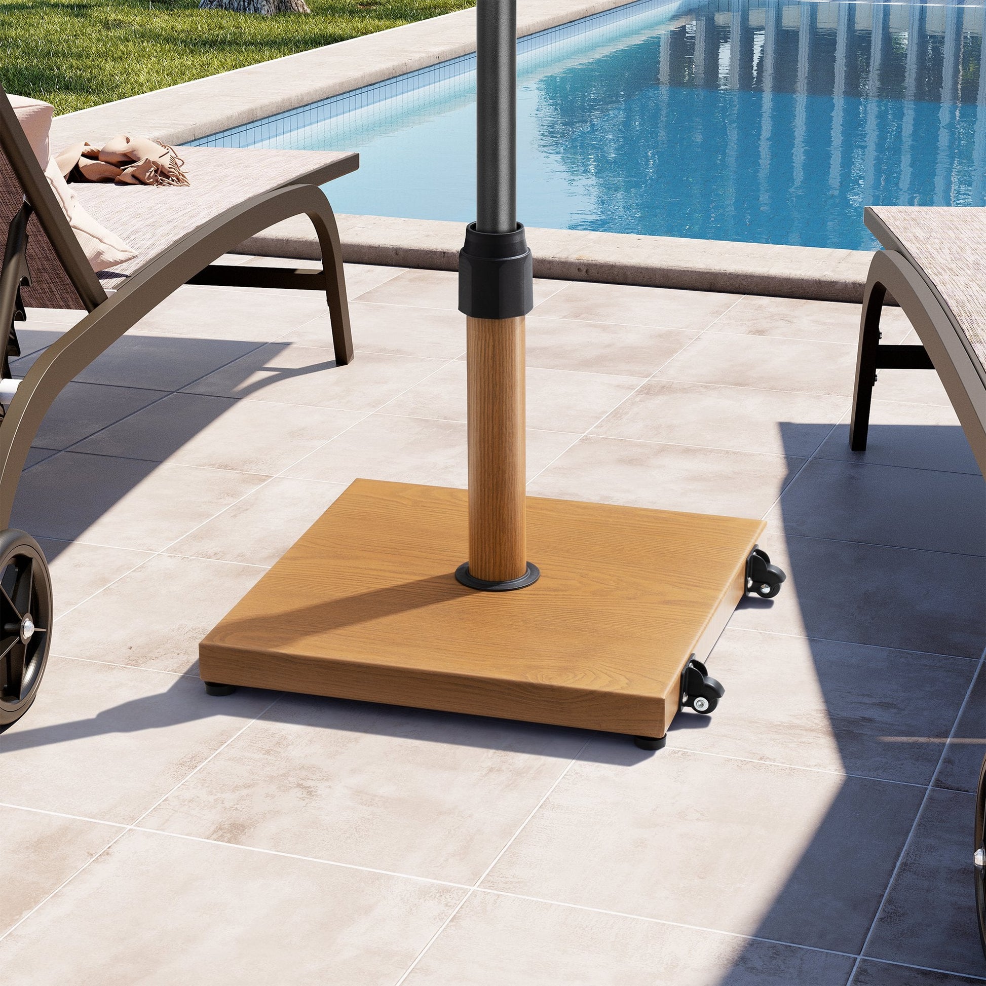 45 lbs square wood-grain steel umbrella base with wheels on a poolside patio.