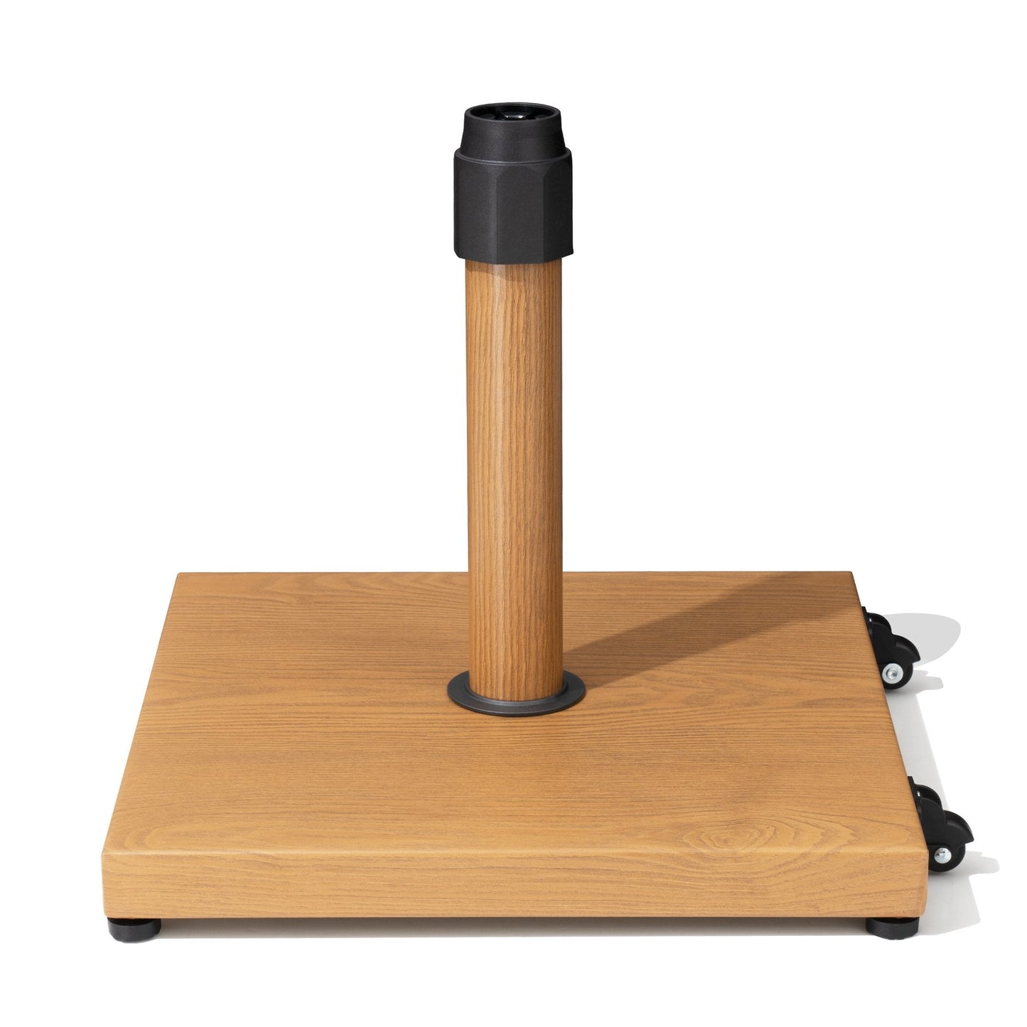 45 lbs square wood-grain powder-coated steel market umbrella base with wheels.
