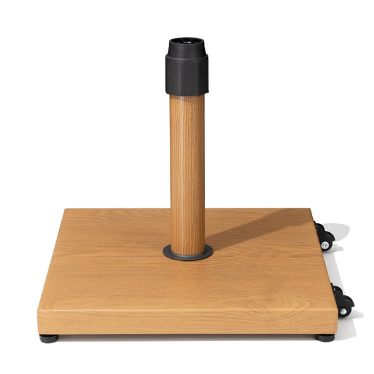 45 lbs square wood-grain powder-coated steel market umbrella base with wheels.