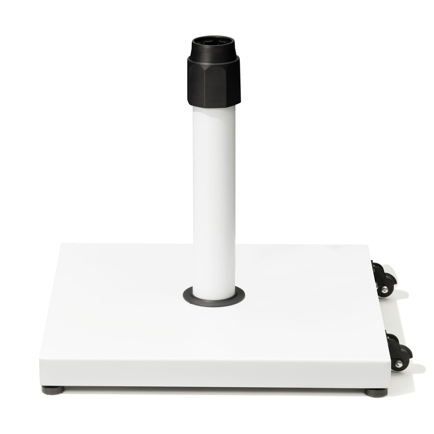 45 lbs square white steel market umbrella base with wheels.