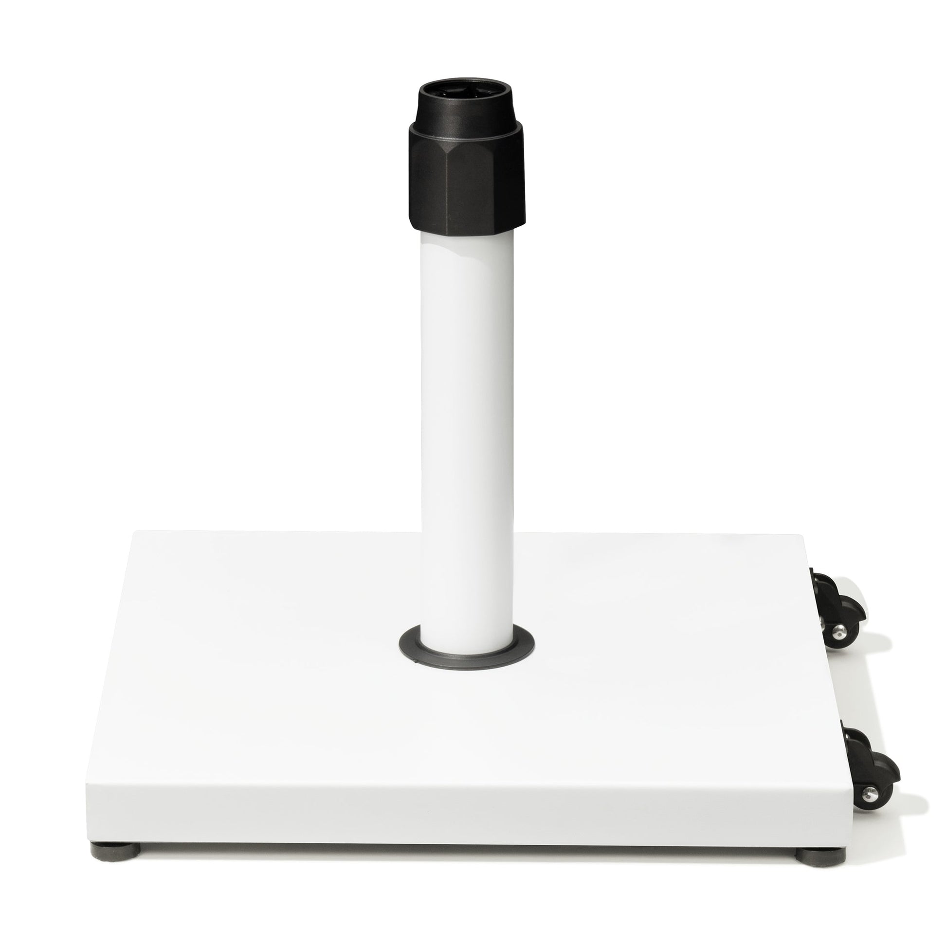 45 lbs square white steel market umbrella base with wheels.