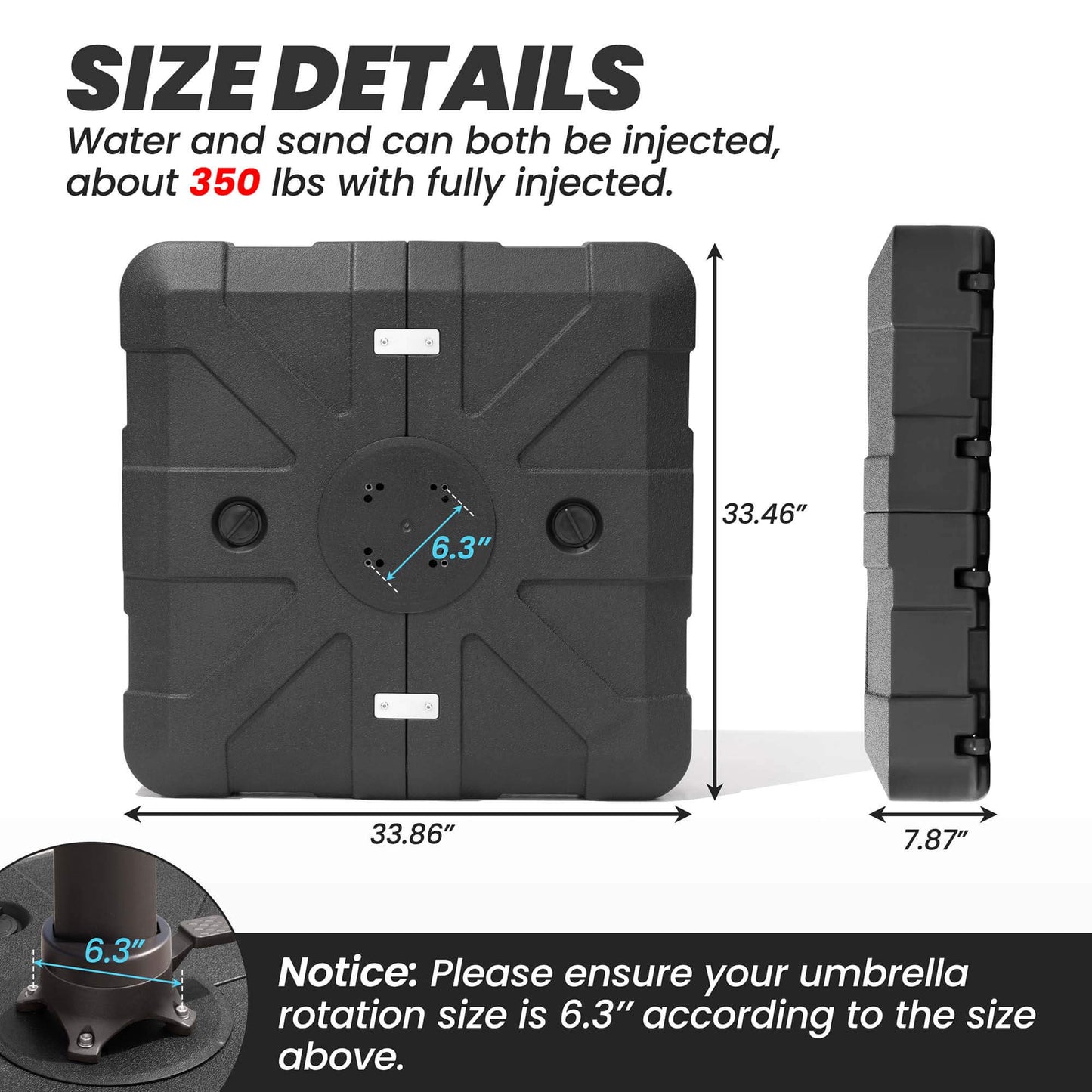 Dimensions of 350lbs black fillable cantilever umbrella base showing 6.3 inch screw hole distance.