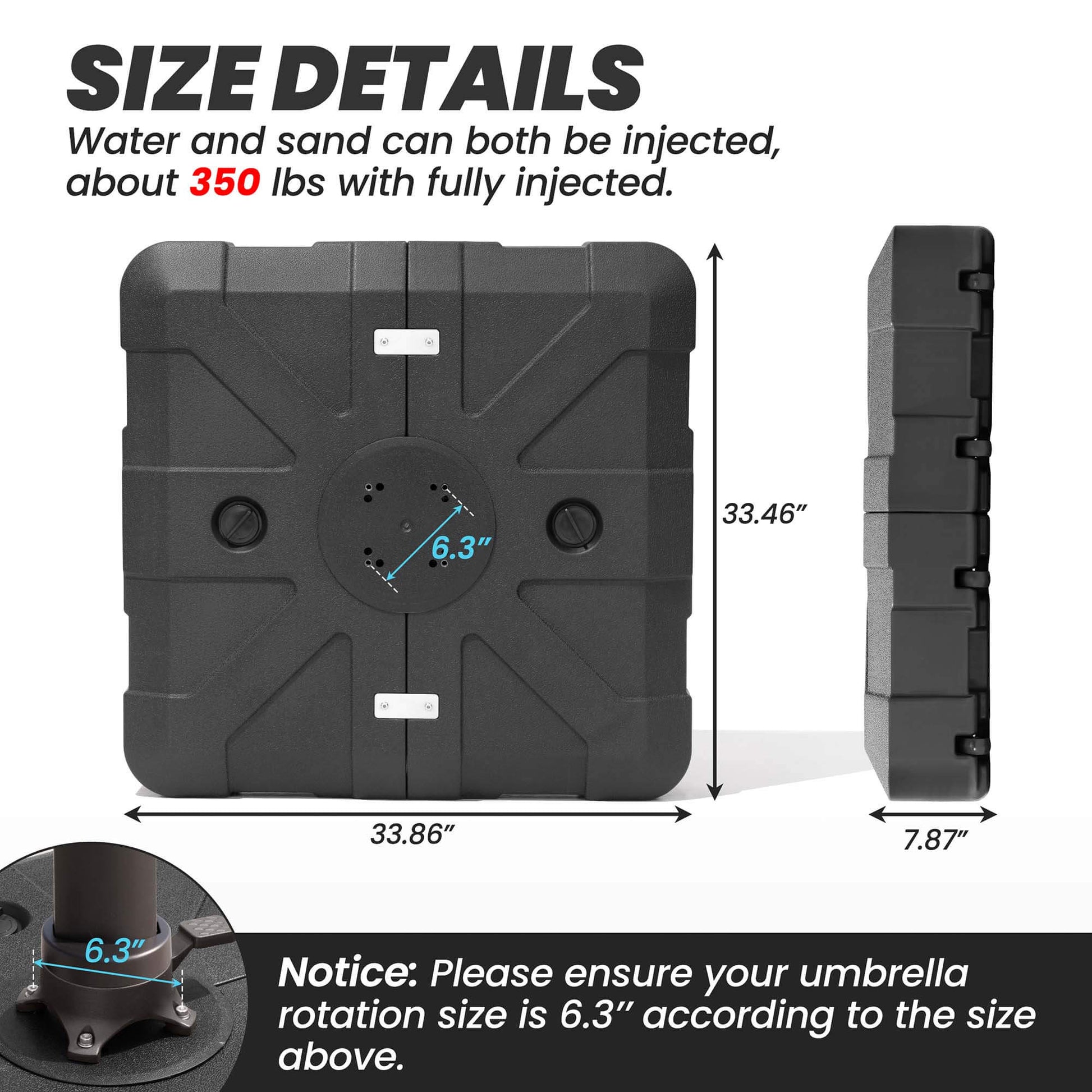Dimensions of 350lbs black fillable cantilever umbrella base showing 6.3 inch screw hole distance.