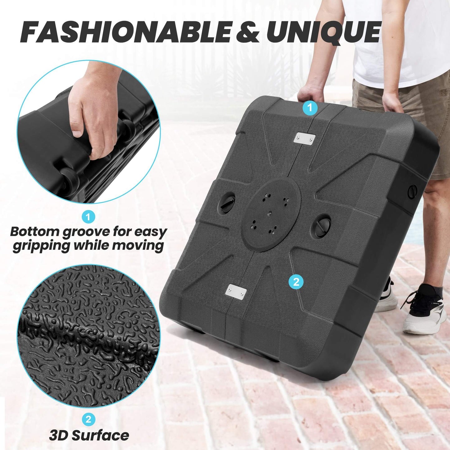 Black fillable cantilever umbrella base featuring 3D surface and bottom grooves for easy moving.