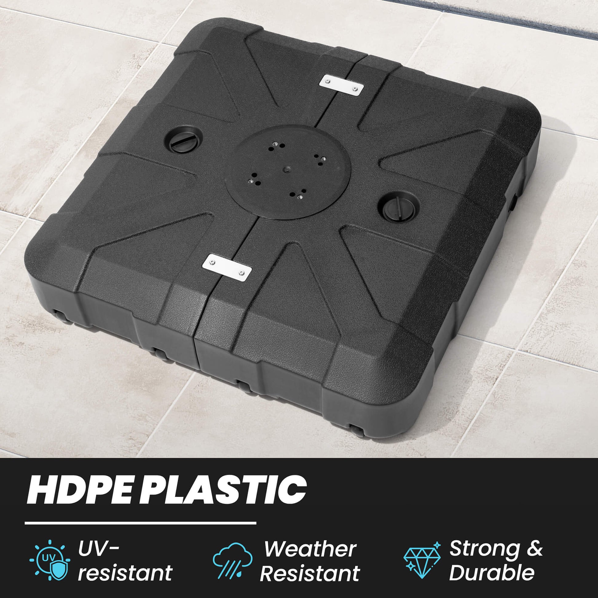 Weather-resistant HDPE plastic black square fillable cantilever umbrella base.