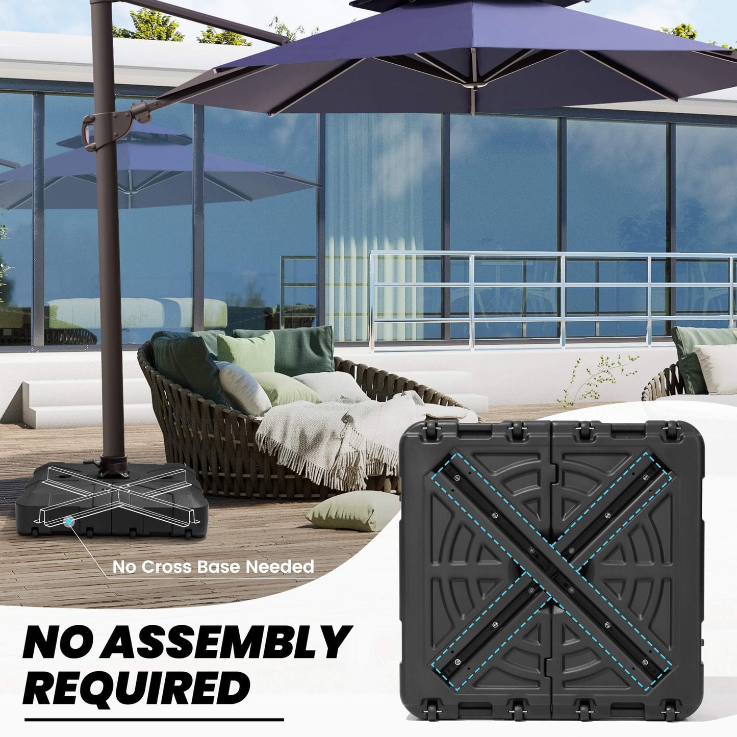 Fully assembled black fillable cantilever umbrella base, no cross base needed.