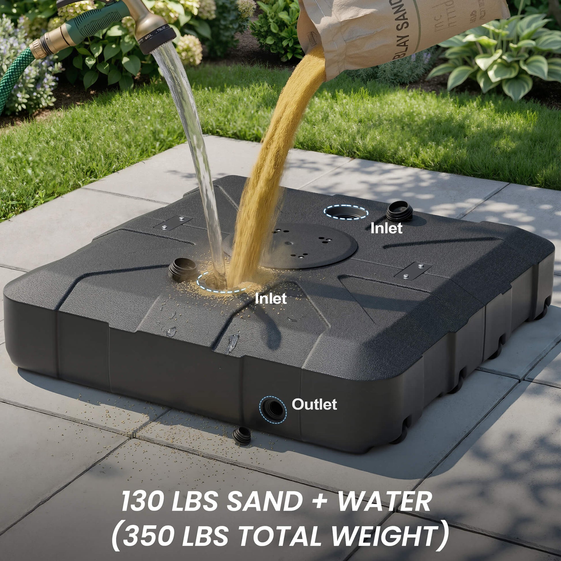 Filling 350lbs black fillable cantilever umbrella base with sand and water via top inlets.