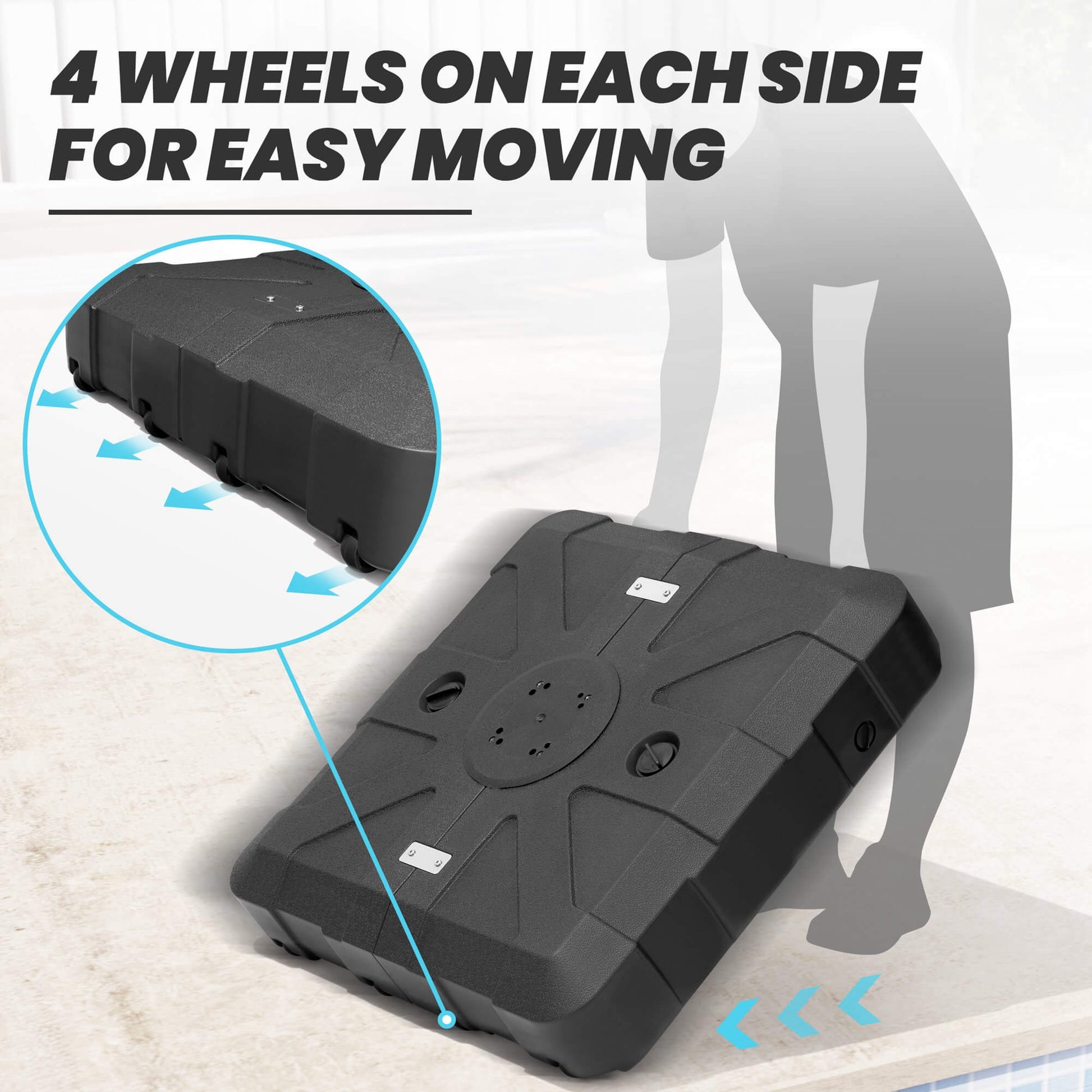 Person easily moving black square fillable cantilever umbrella base with 4 wheels.