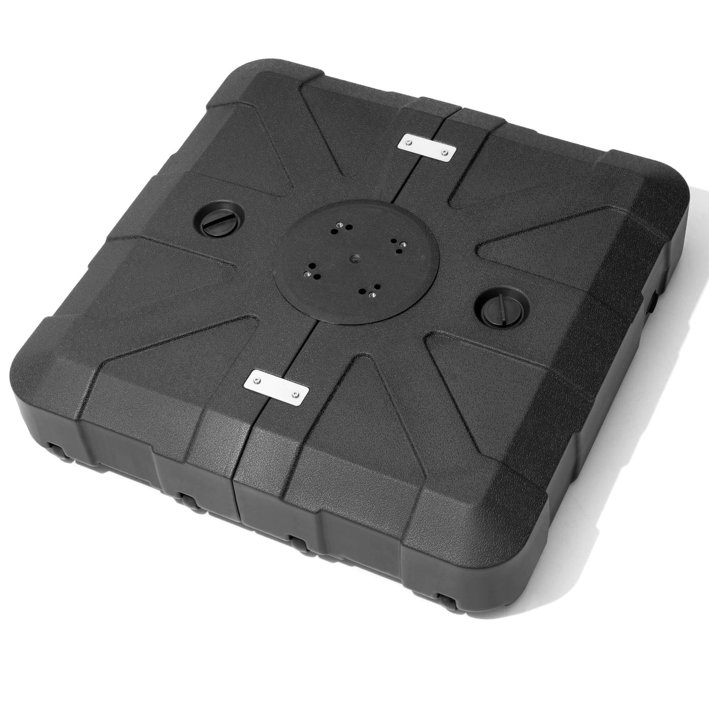 Black square fillable cantilever umbrella base with wheels.