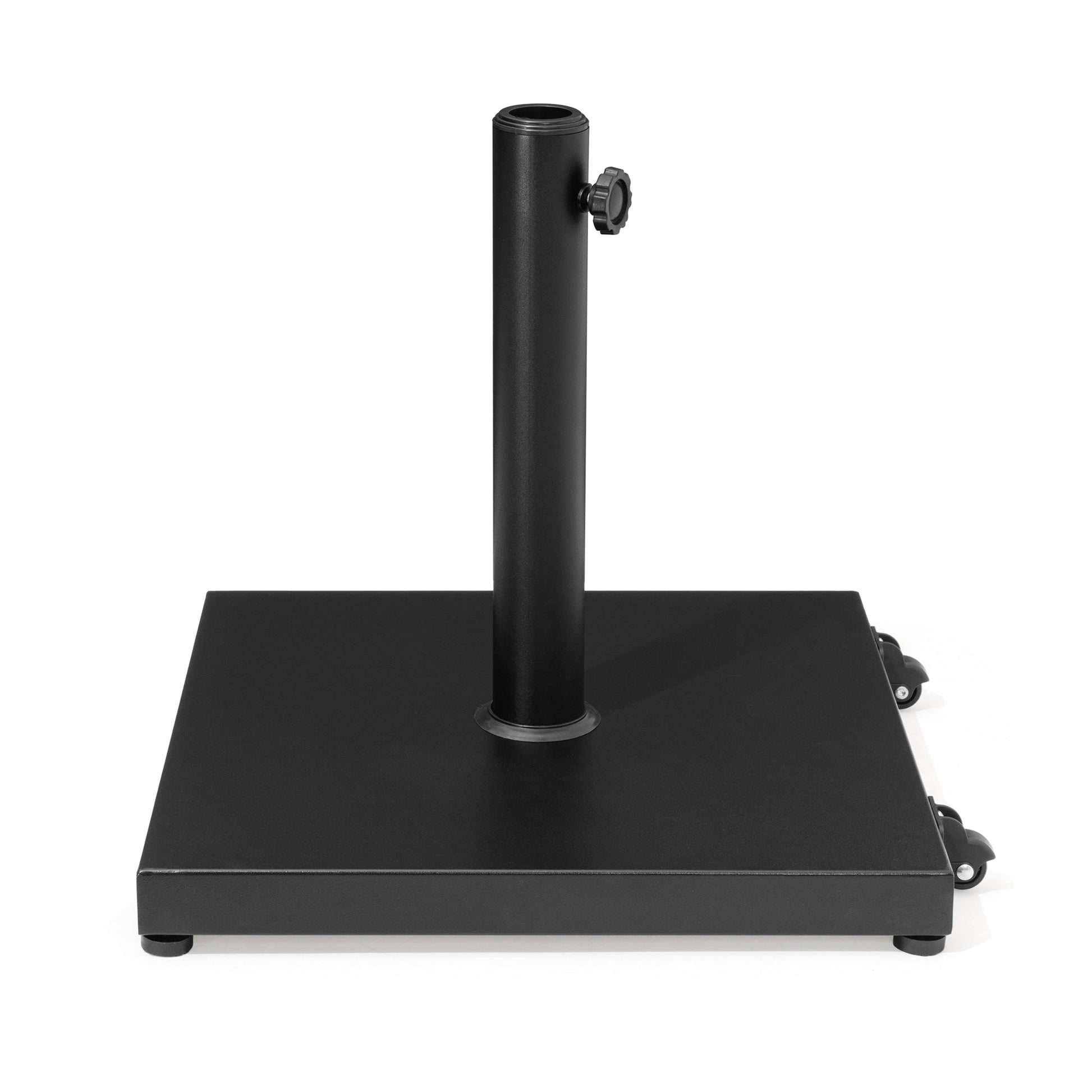 Black square weighted market umbrella base with wheels.