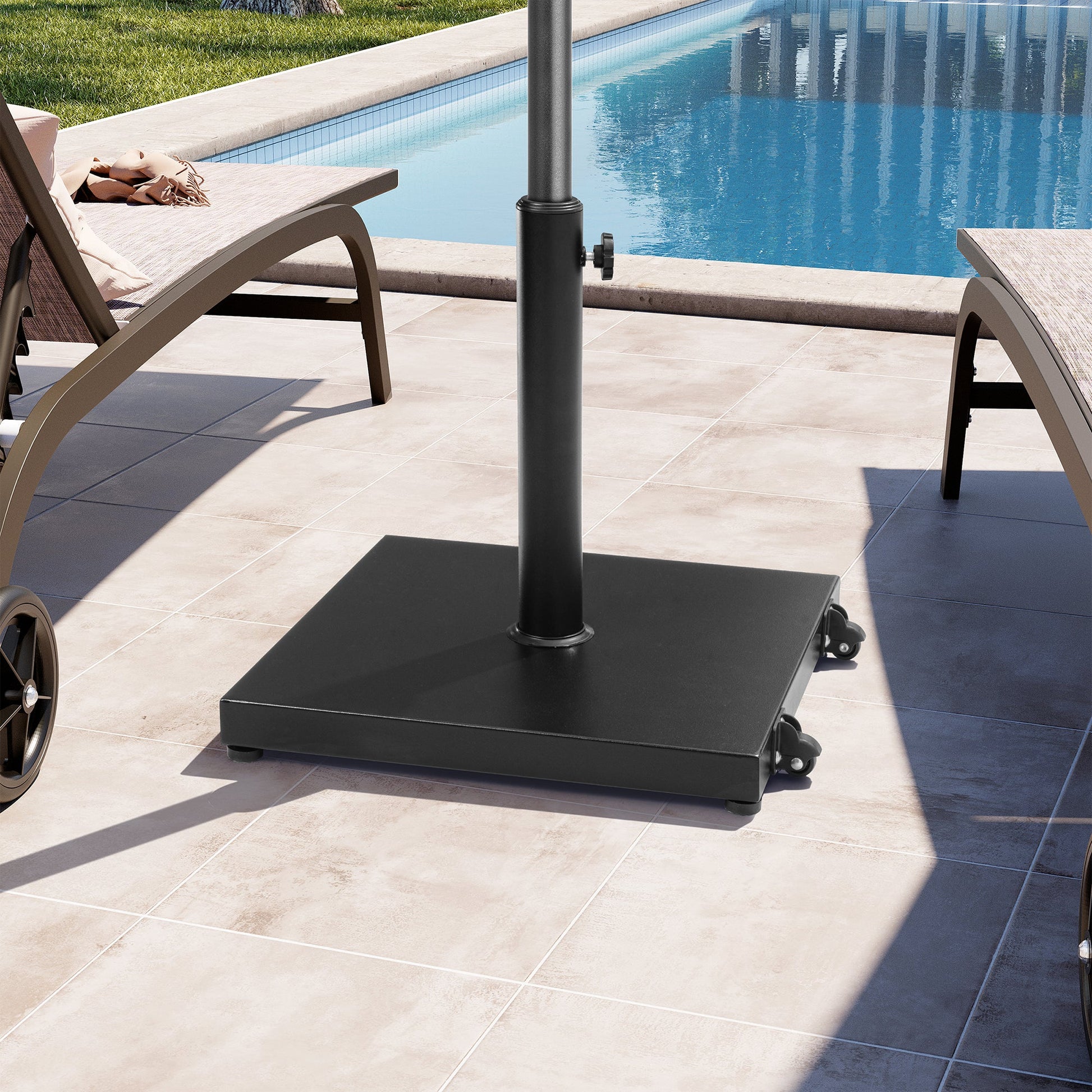 Heavy-duty black square weighted market umbrella base with wheels on poolside patio.