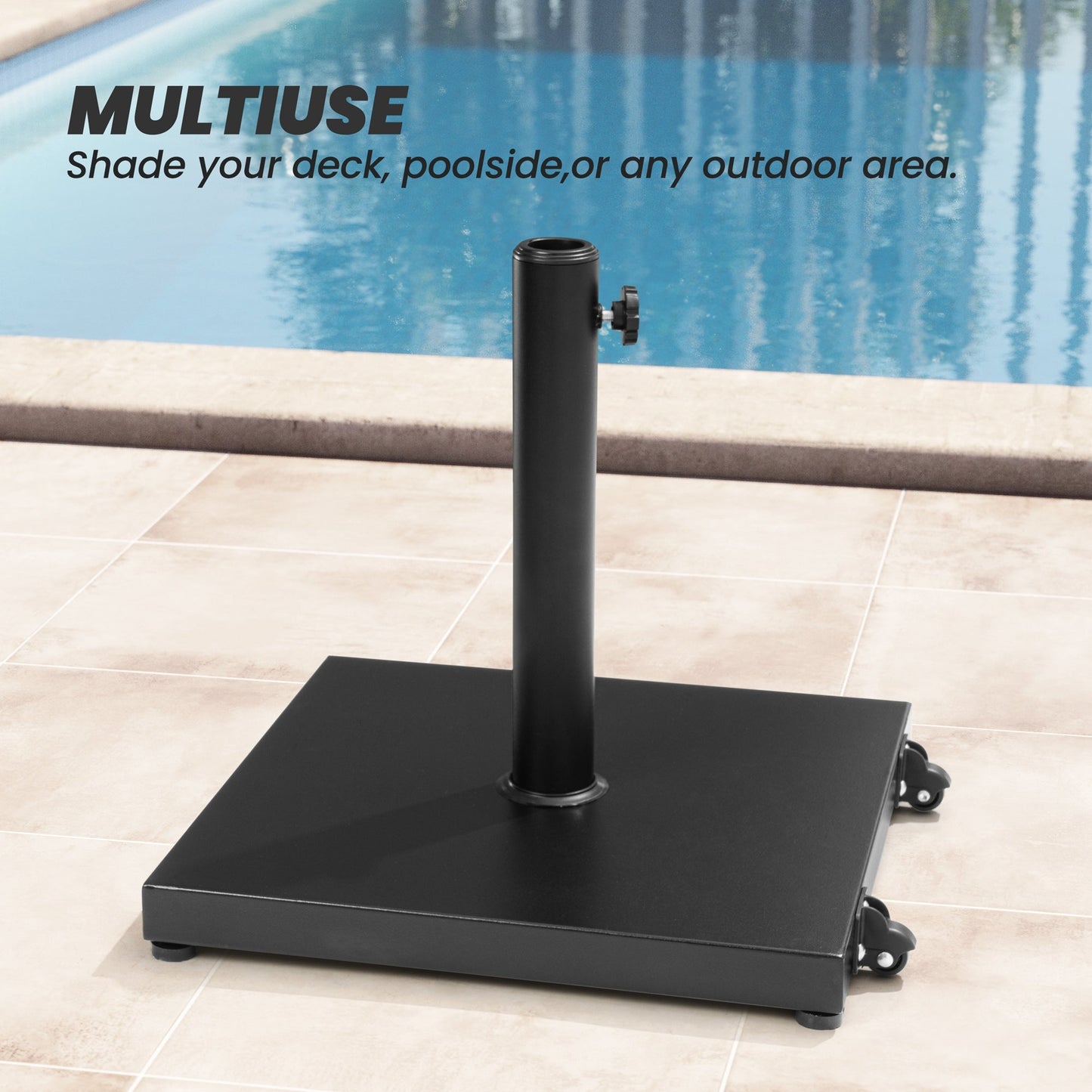Multiuse black square weighted market umbrella base with wheels on poolside patio.