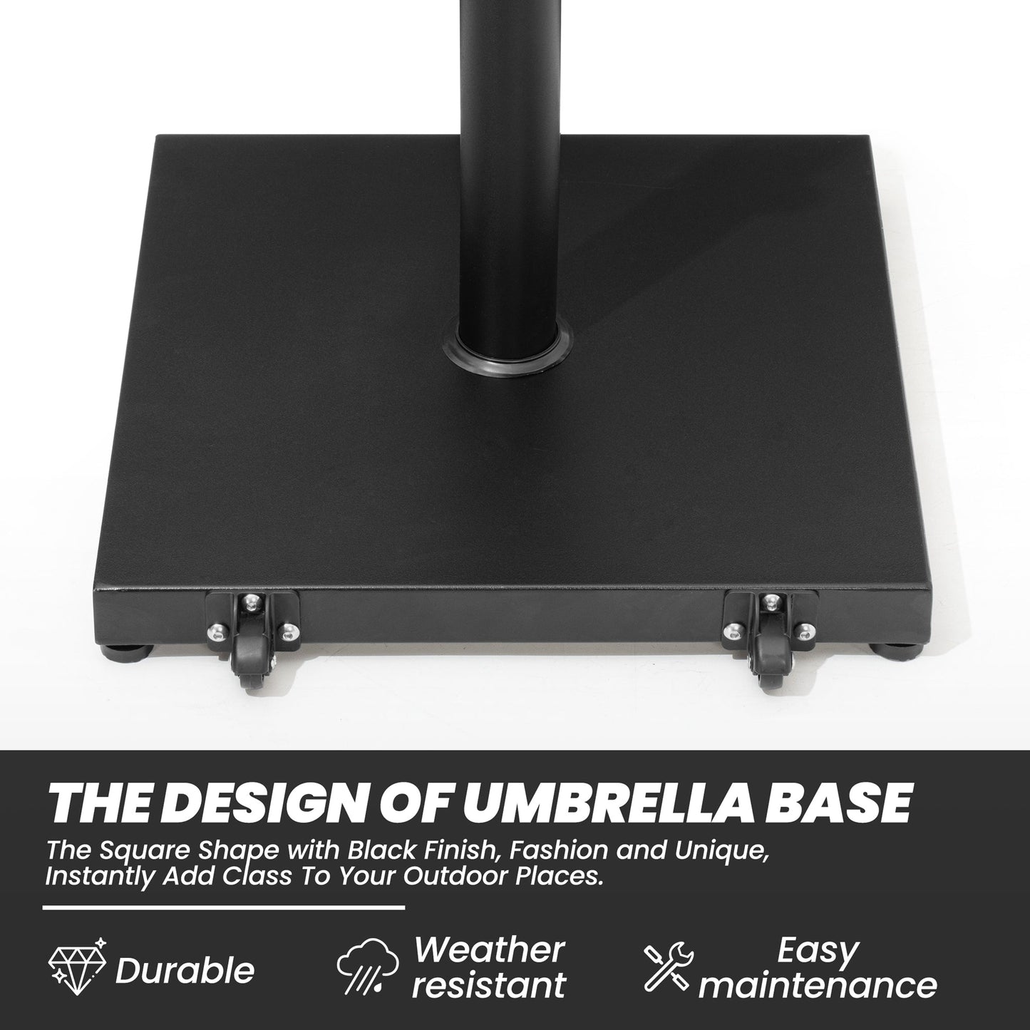 Durable black square weighted market umbrella base with wheels and weather-resistant finish.