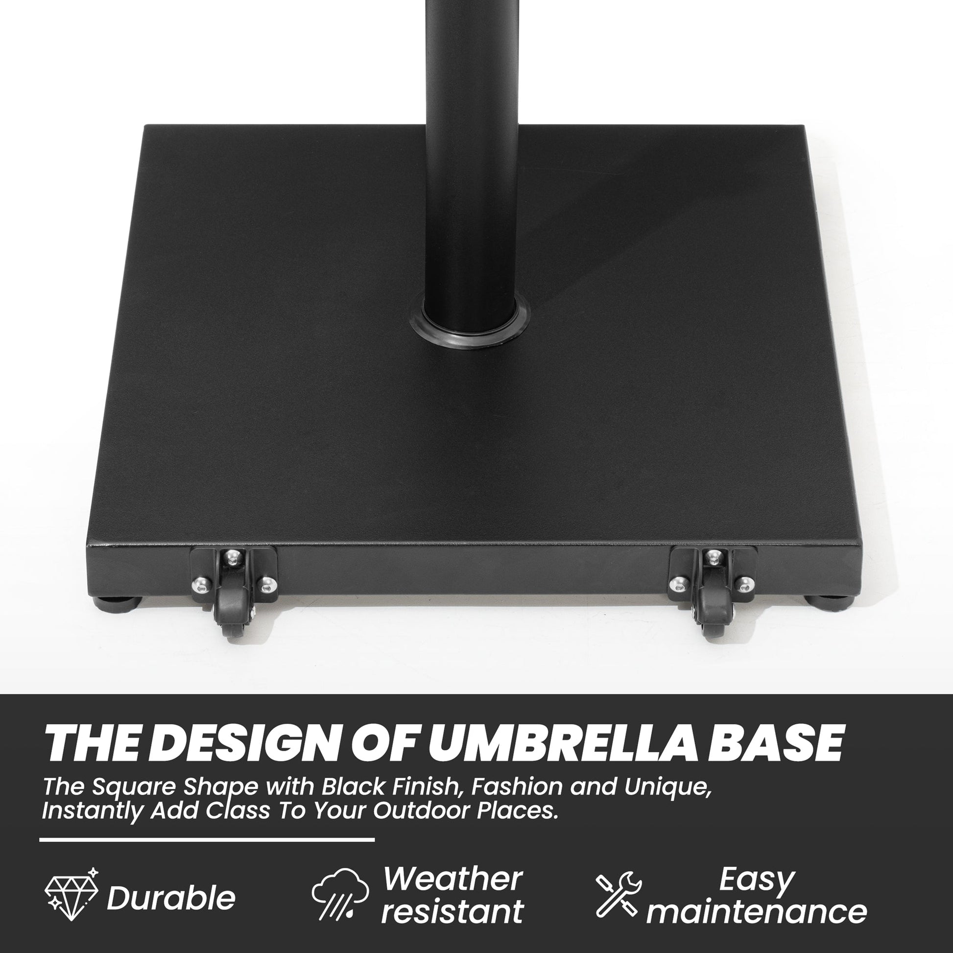 Durable black square weighted market umbrella base with wheels and weather-resistant finish.