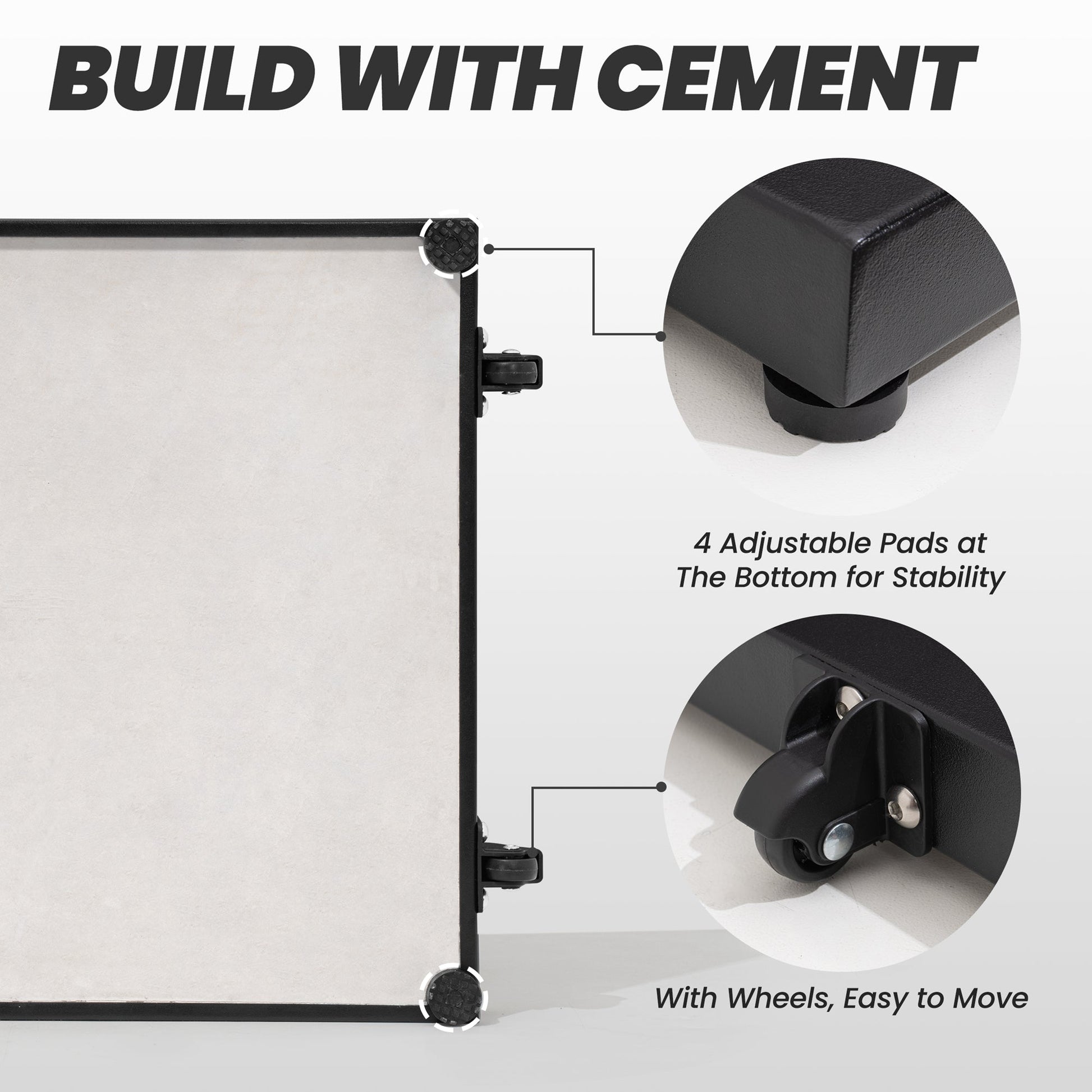 Solid cement weighted umbrella base bottom showing 4 adjustable stability pads and wheels.