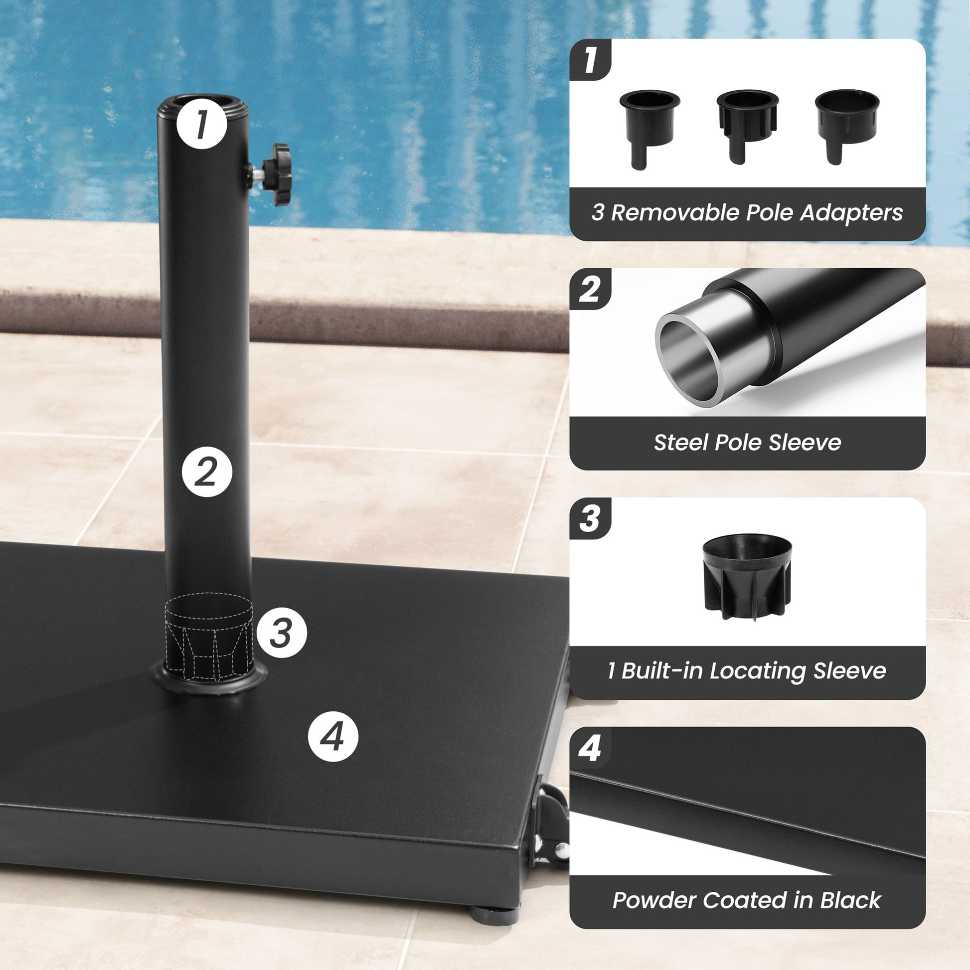 Black market umbrella base features: 3 removable adapters, steel sleeve, locating sleeve, powder coating.