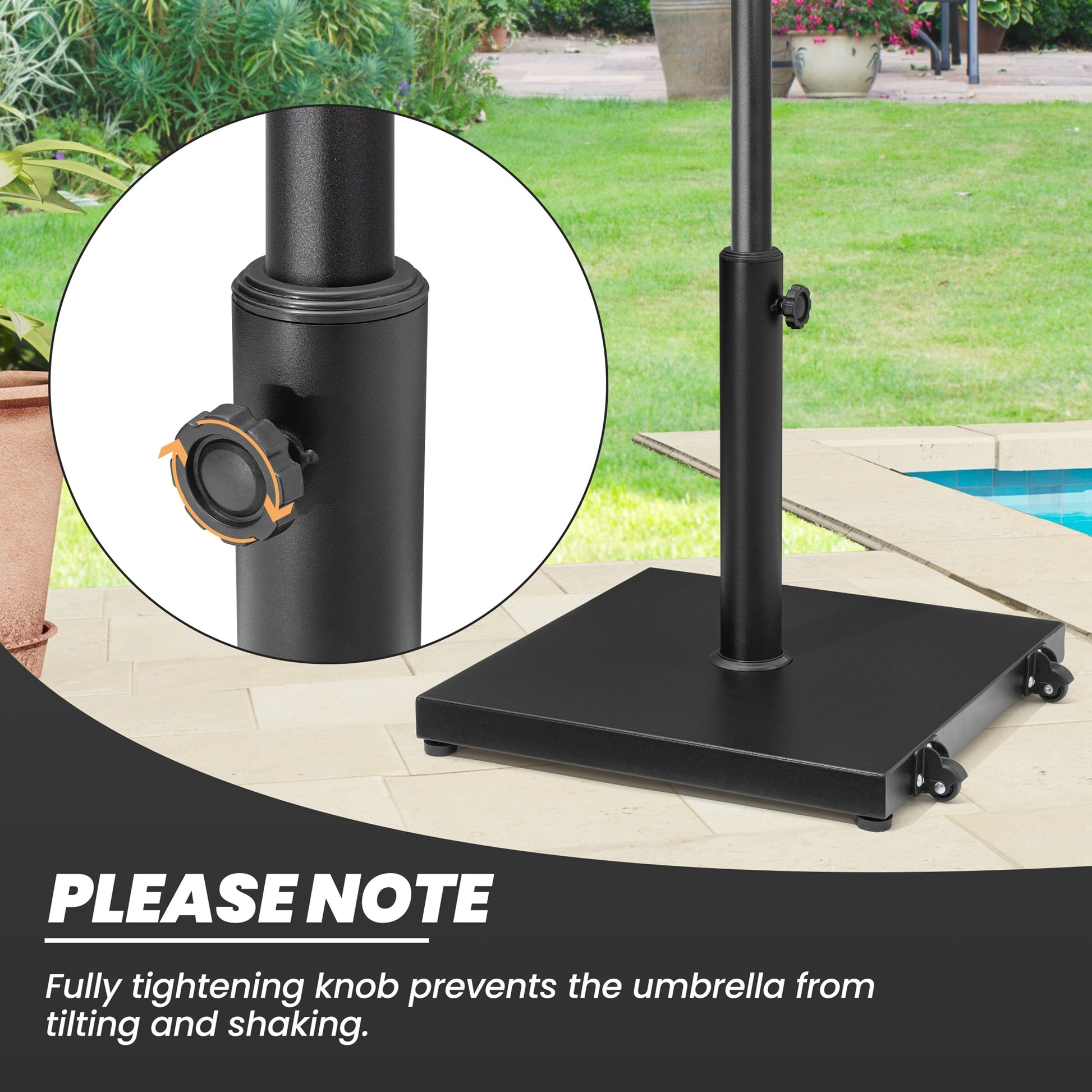 Close-up of tightening knob on wheeled patio umbrella base, preventing tilting and shaking.