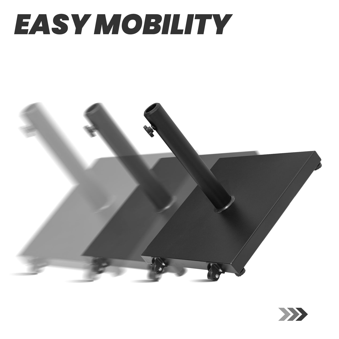 Black square weighted market umbrella base tilting on wheels for easy mobility.