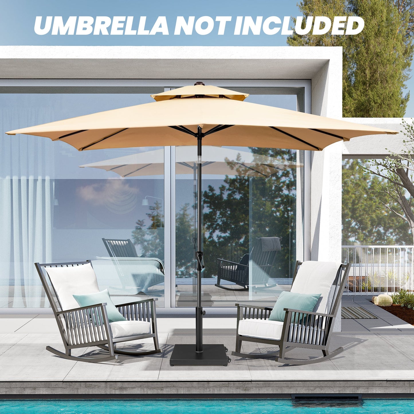 Black square weighted market umbrella base with wheels on poolside patio (umbrella not included).
