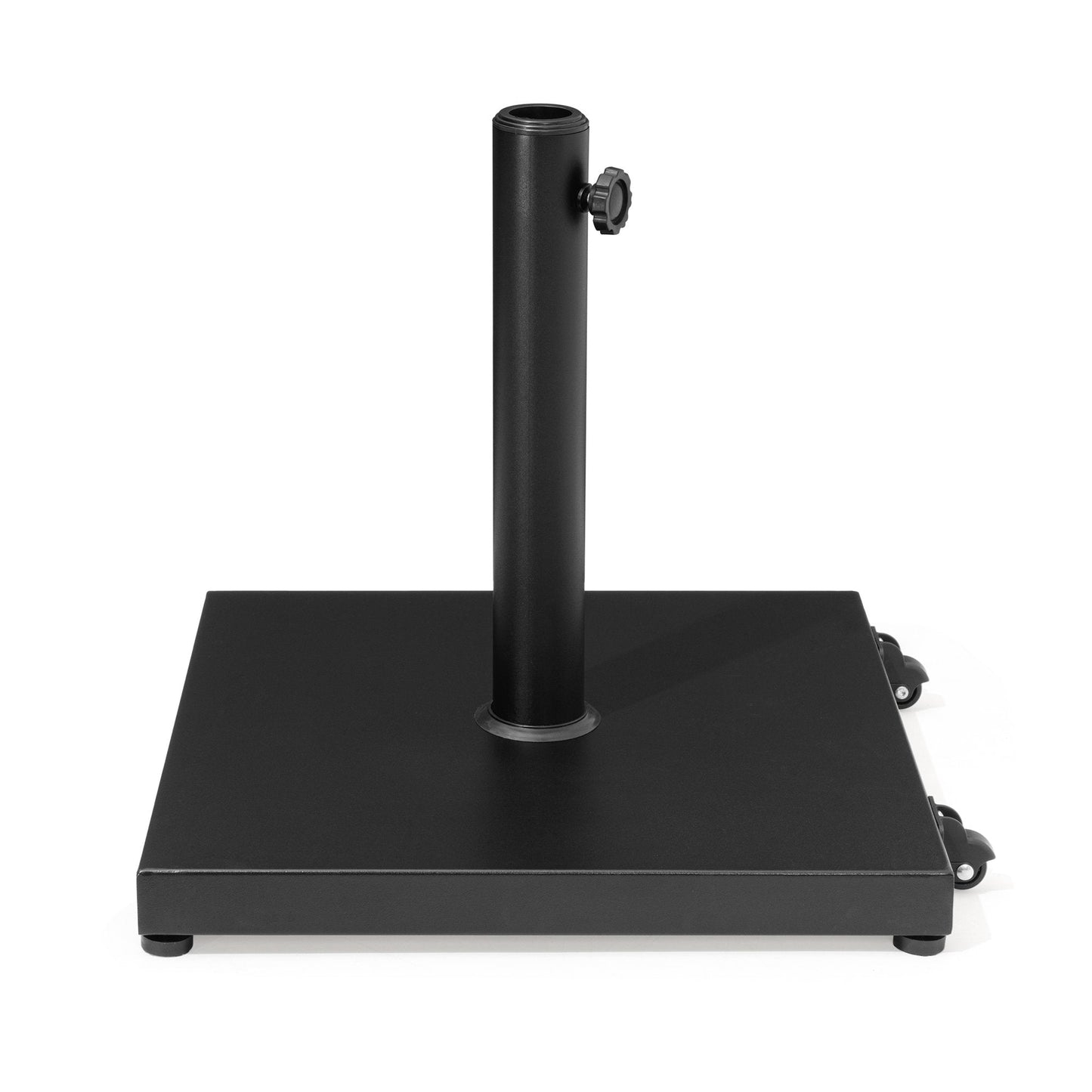 Black square weighted market patio umbrella base with wheels.